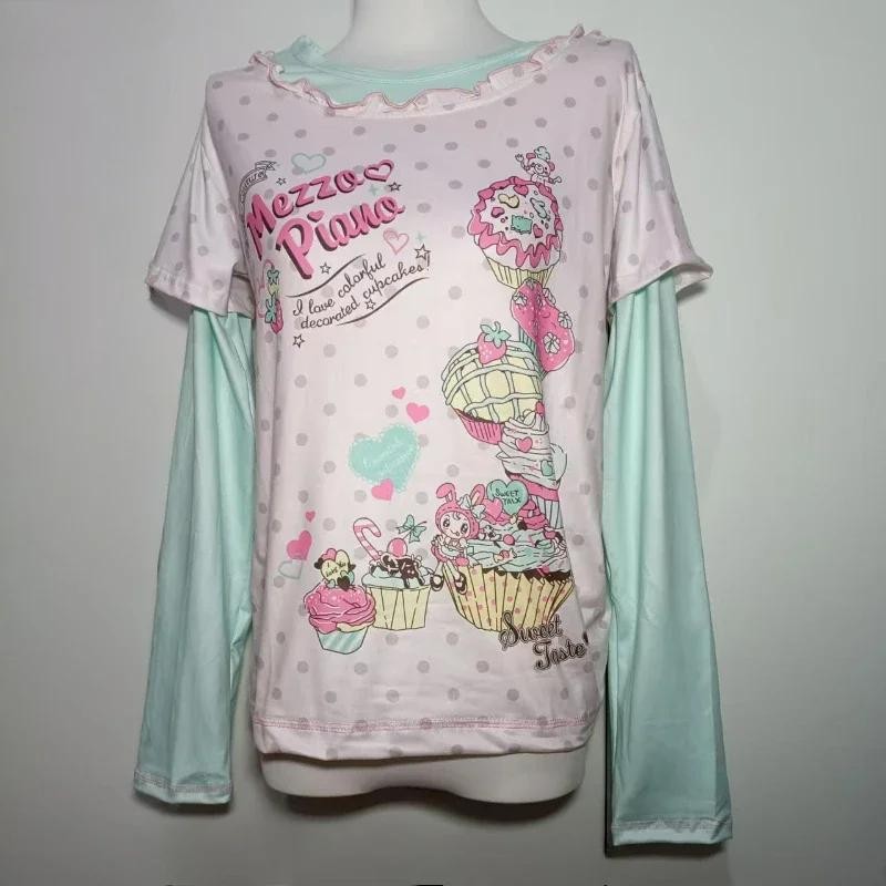 Japanese Sweet Kawaii Cartoon Polka Dot Print T-shirt Women Loose Casual