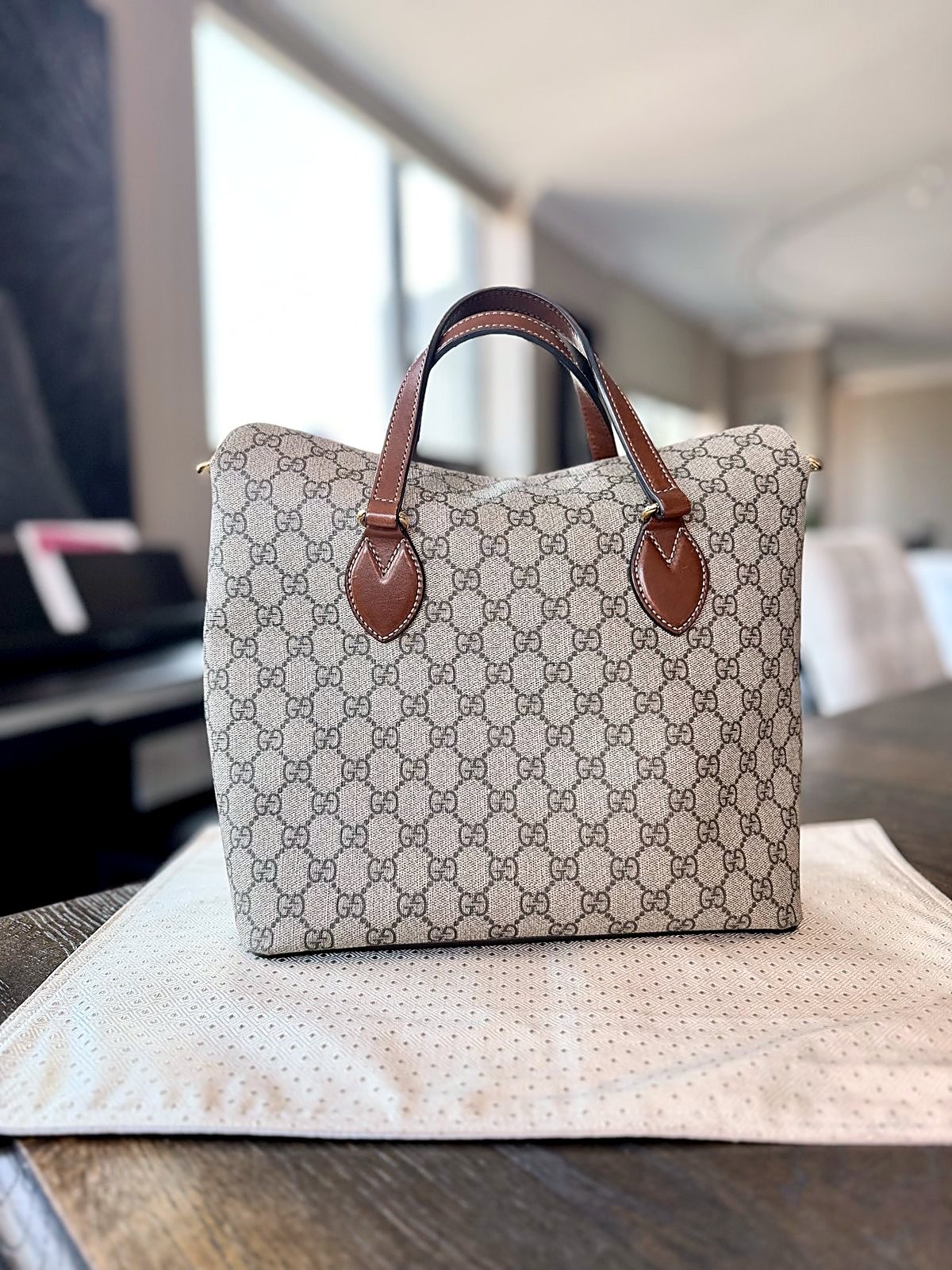 Authentic Gucci GG Supreme Monogram Canvas Tote Bag Brown Leather Trim Handbag