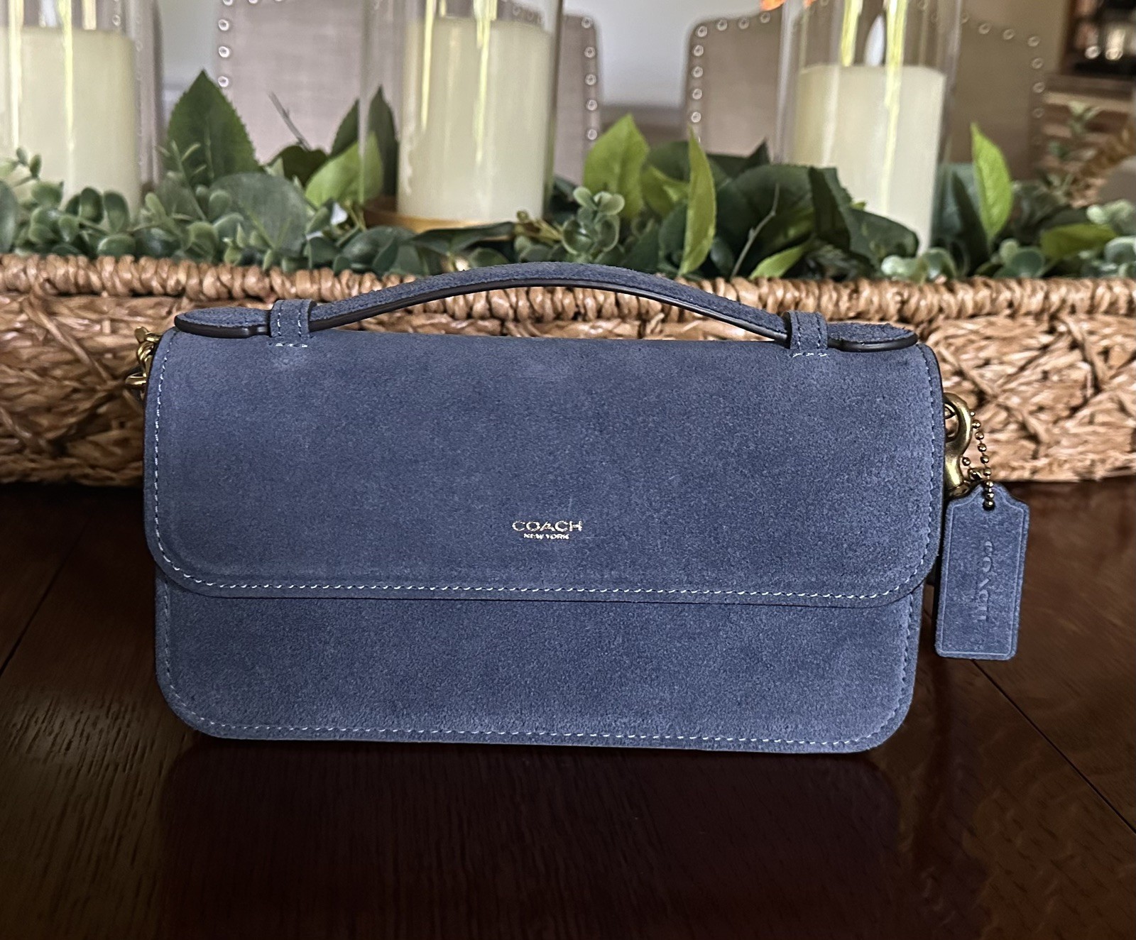 NIB Coach Elora Top Handle Crossbody Bag – Premium Suede Light Denim Color CDD59