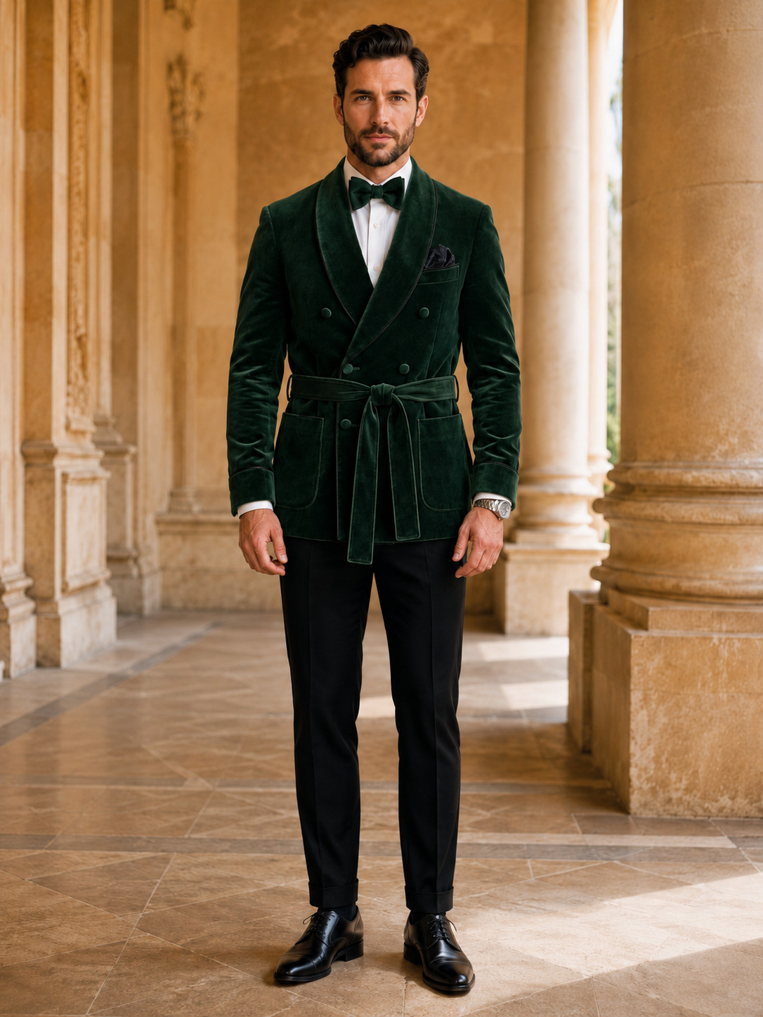 Mens Dark Green Velvet 2 Piece Suit Belted Blazer Black Pants Wedding Tuxedo