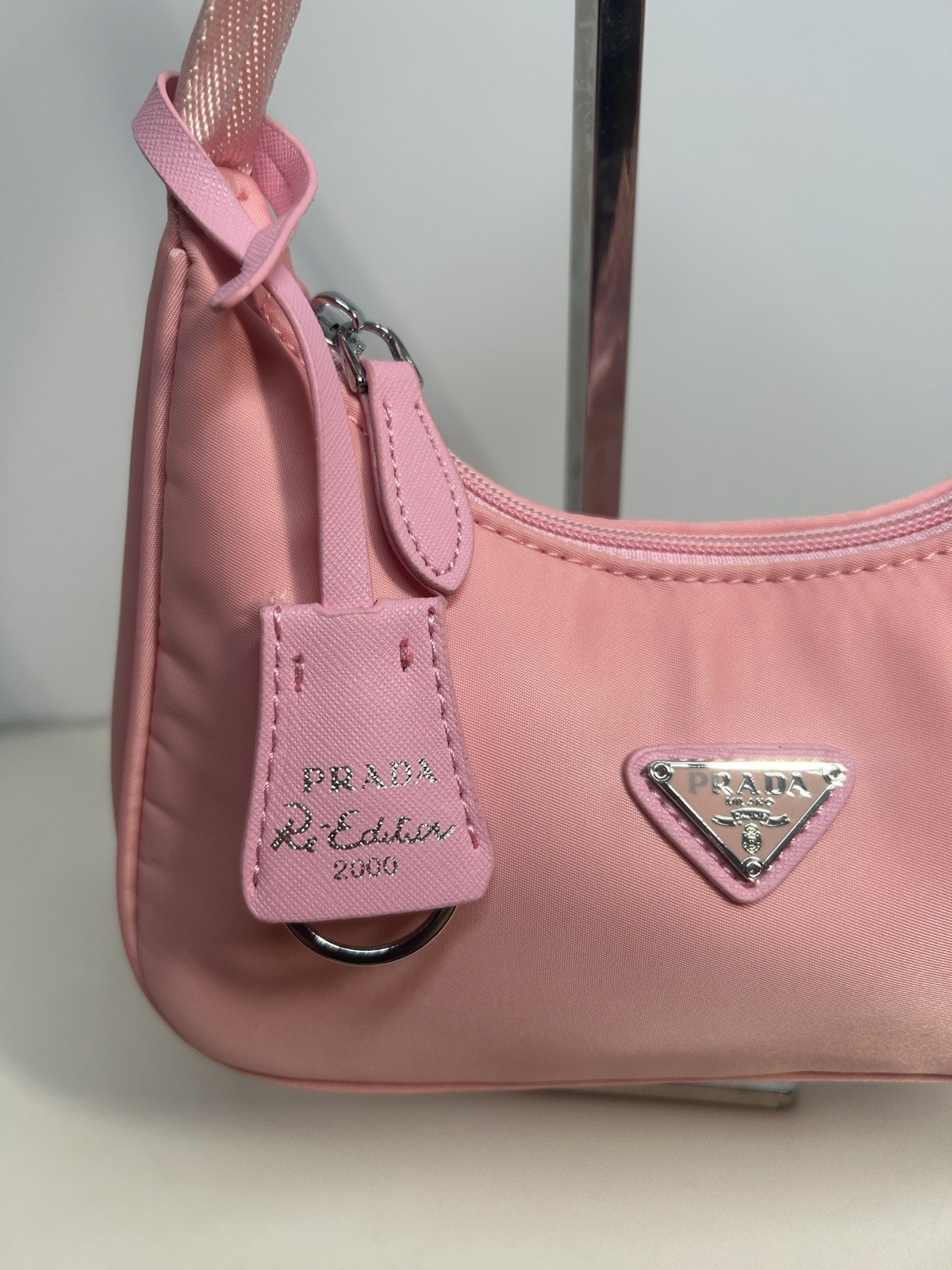 PRADA Pink Shoulder Bag with Logo Plaque Zip Closure Silver Hardware Charm