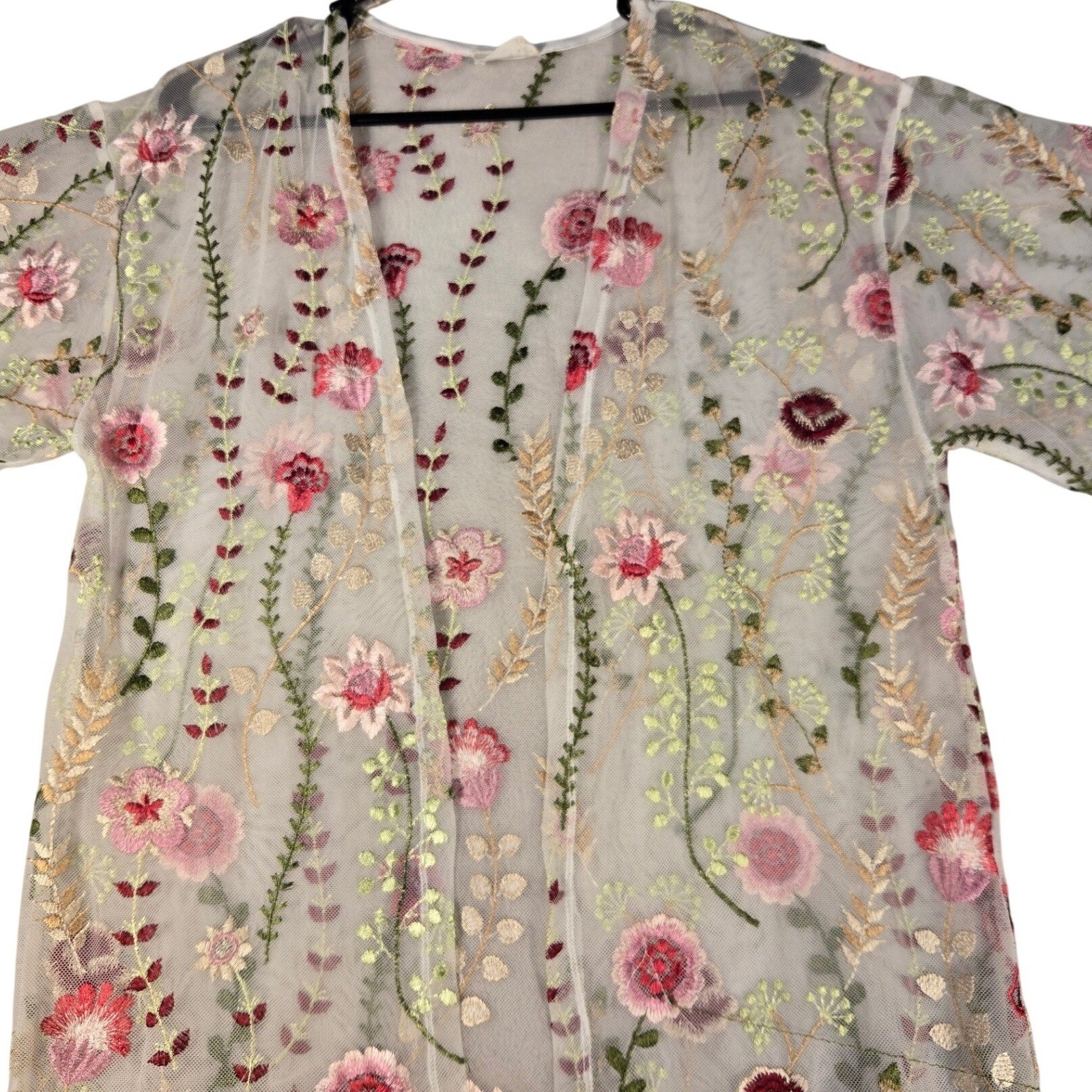 Trendy JS Floral Embroidered Mesh Kimono Cardigan White Pink Large Boho Sheer