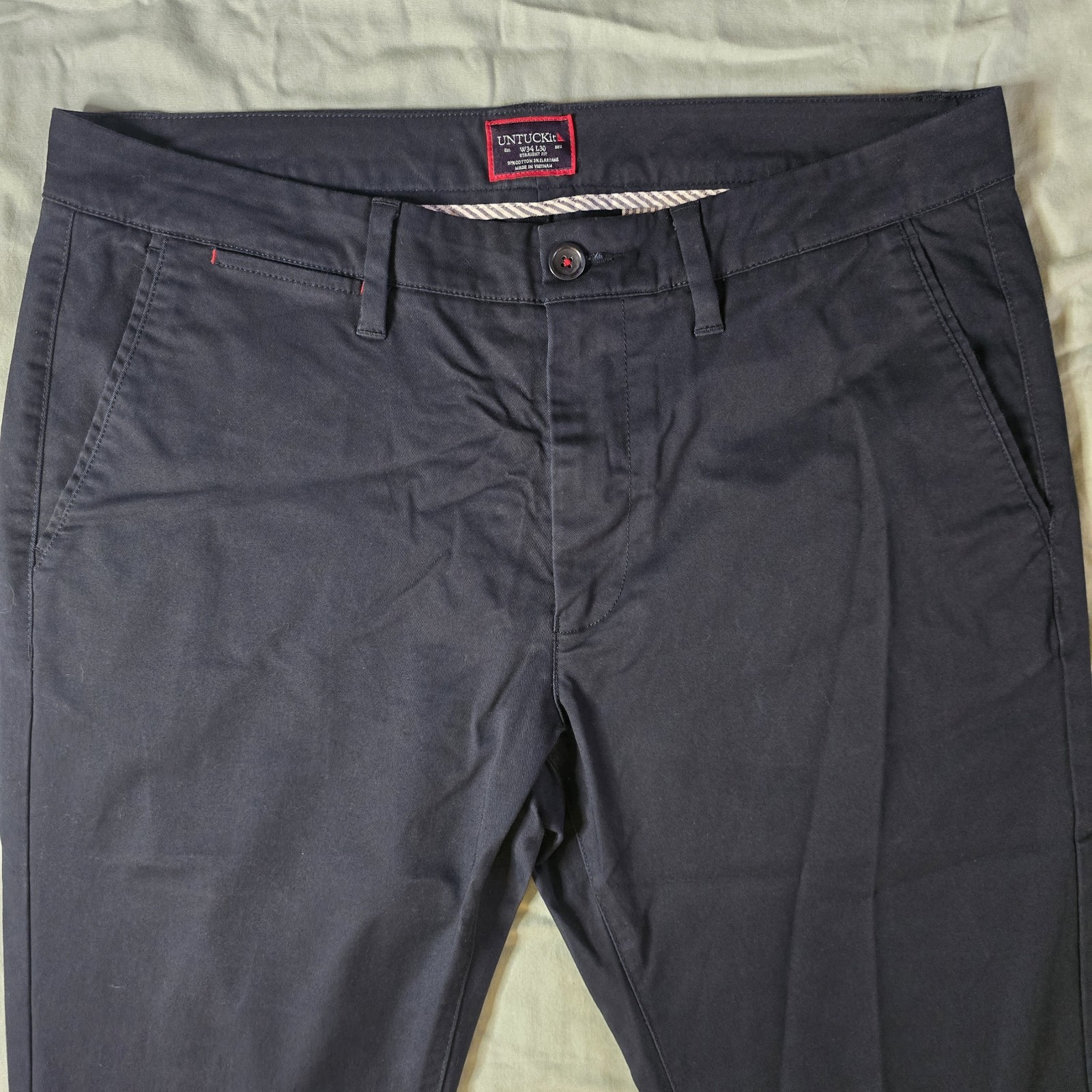 UNTUCKiT Mens Slacks W34 L30 Straight Fit Navy Blue 97% Cotton Stretch Comfort