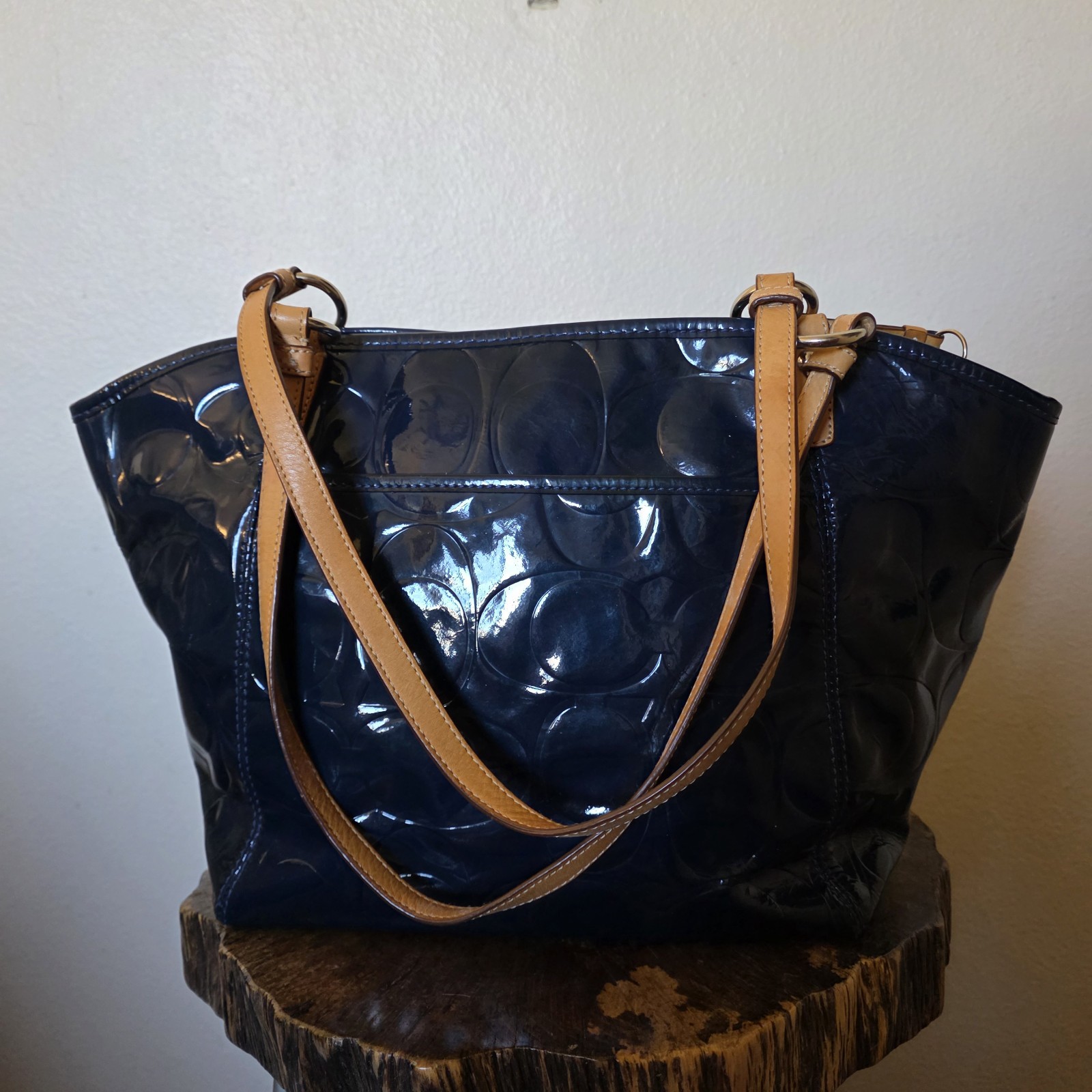 Coach Leah Navy Blue Patent Leather Tote Bag F14663 Embossed Logo Turnlock Large