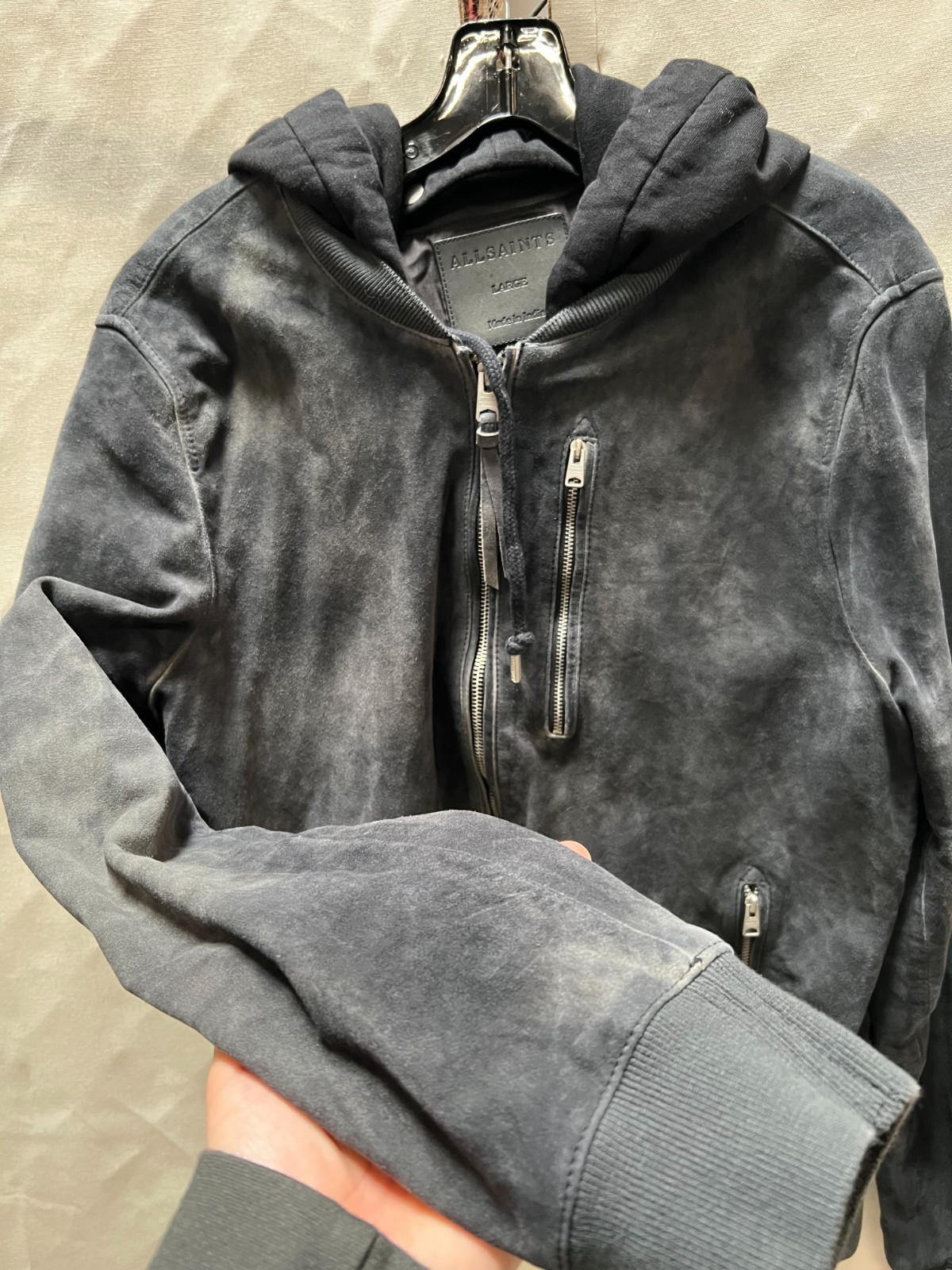 ALLSAINTS Suede Troy Bomber With Detachable Hood, Size Large, NWT $569.00