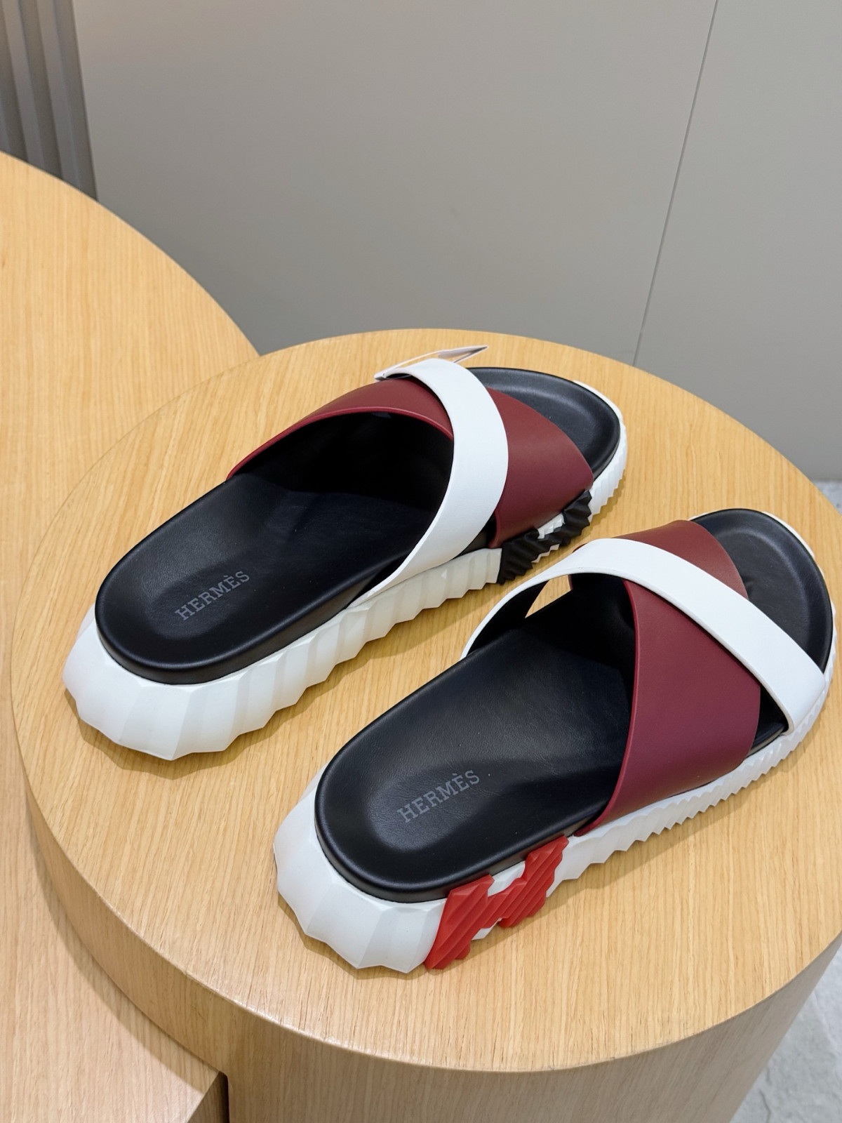 Hermes Eclair Men’s Chunky Platform Slides Burgundy & White Leather Cross Band S