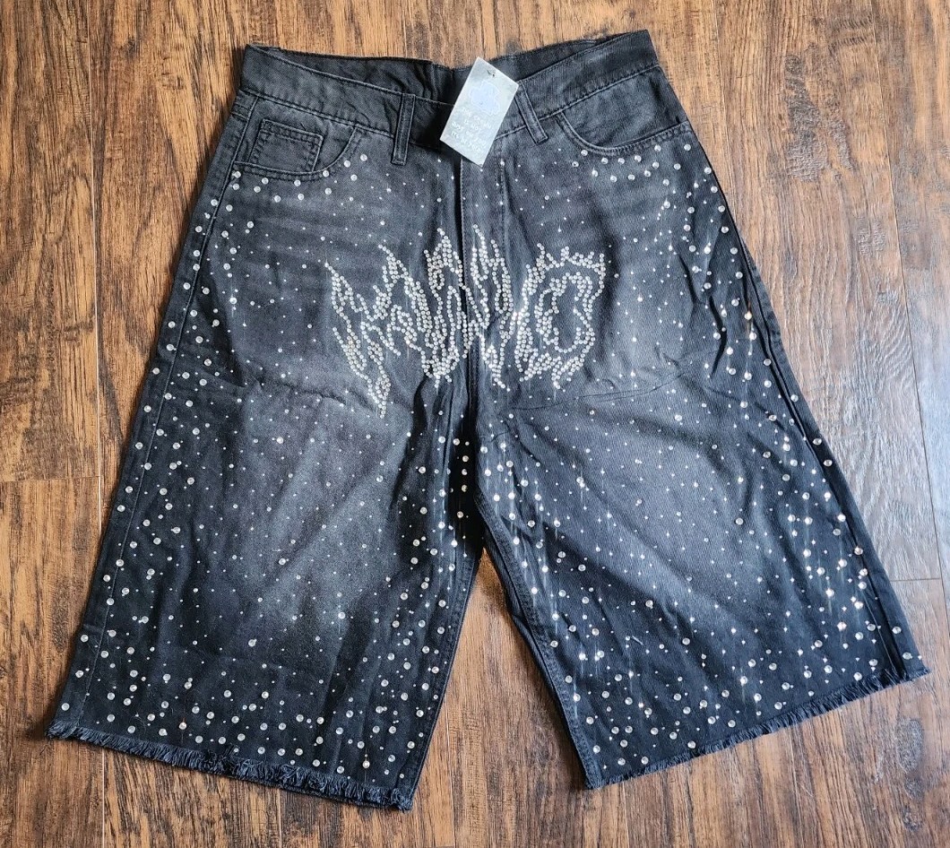 Men’s Rhinestone Street Cross Black Denim Shorts / Jorts Streetwear Size 36 Long