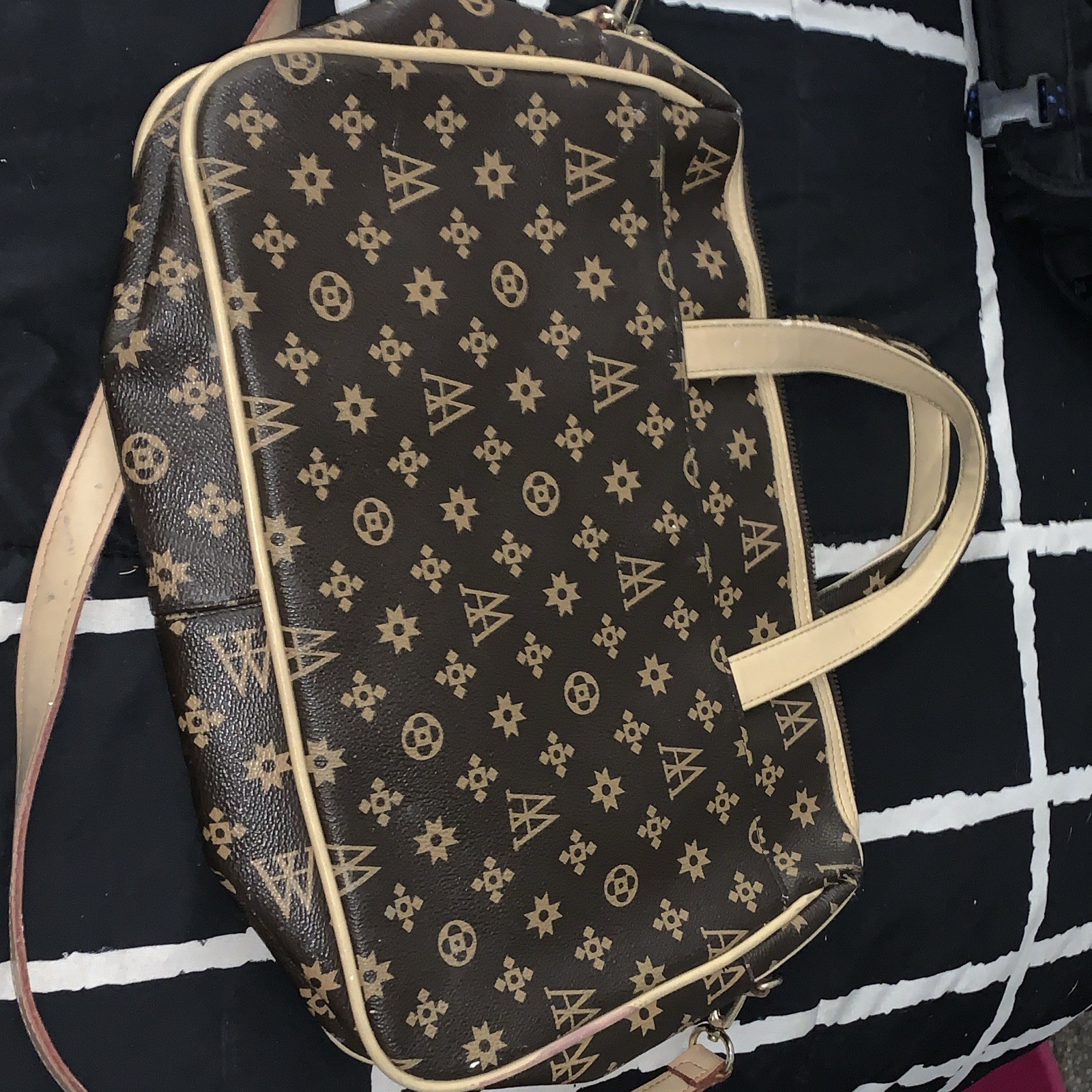 Monogram Satchel Top Handle Bag Brown/Beige Zip w/ Strap Inner Pockets