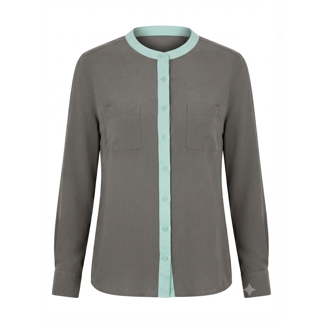 Soft Surroundings Silk Blouse XL Blue Gray Mint Green Trim Button Front- IW
