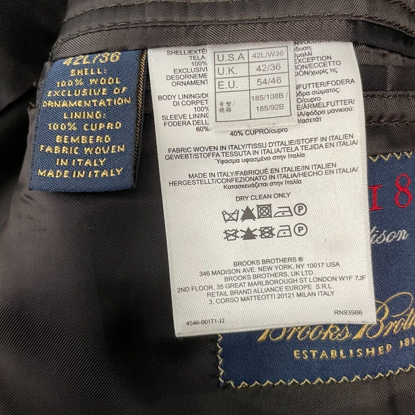Brooks Brothers 1818 Madison Wool Suit Jacket Size 42L Estato Trabaldo Togna
