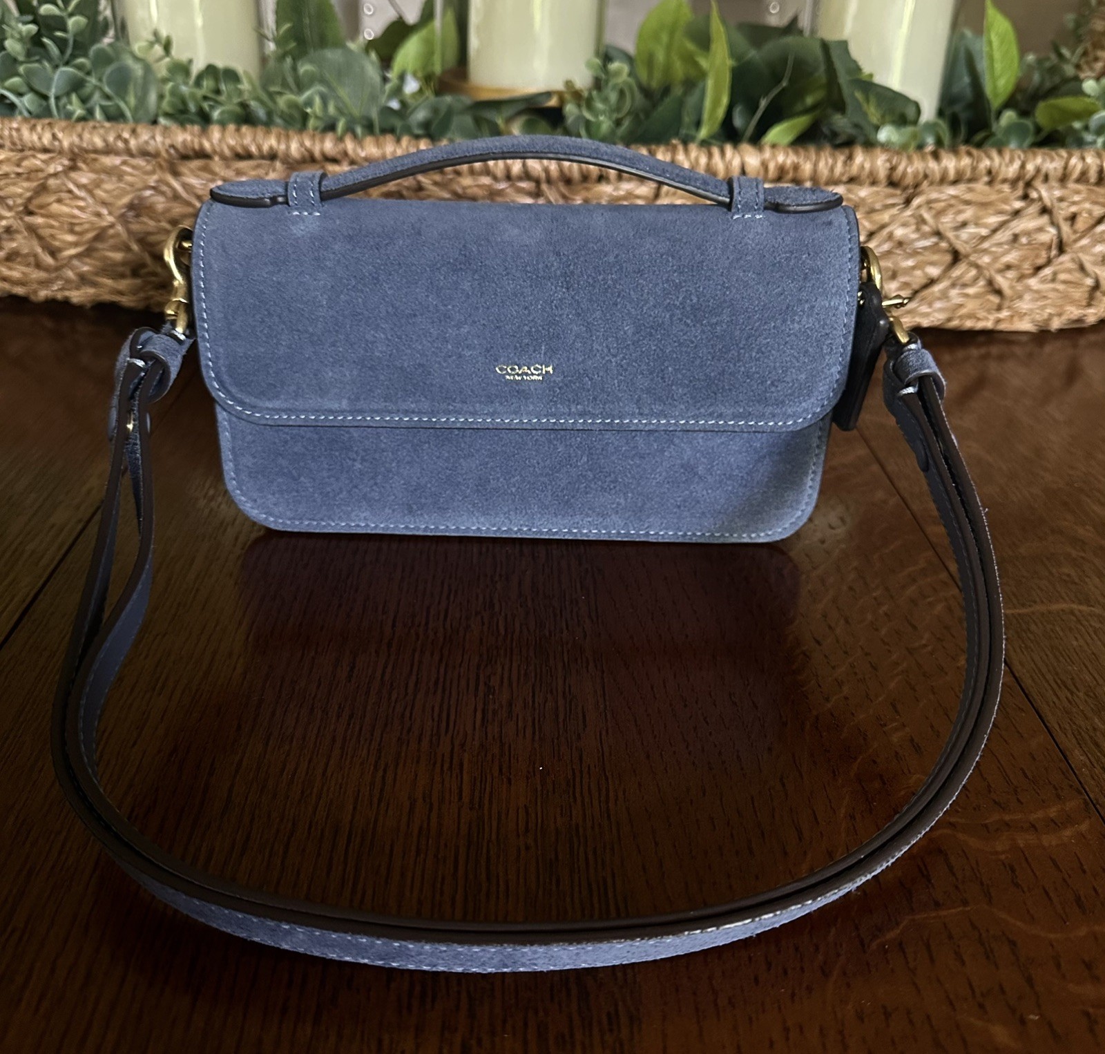 NIB Coach Elora Top Handle Crossbody Bag – Premium Suede Light Denim Color CDD59