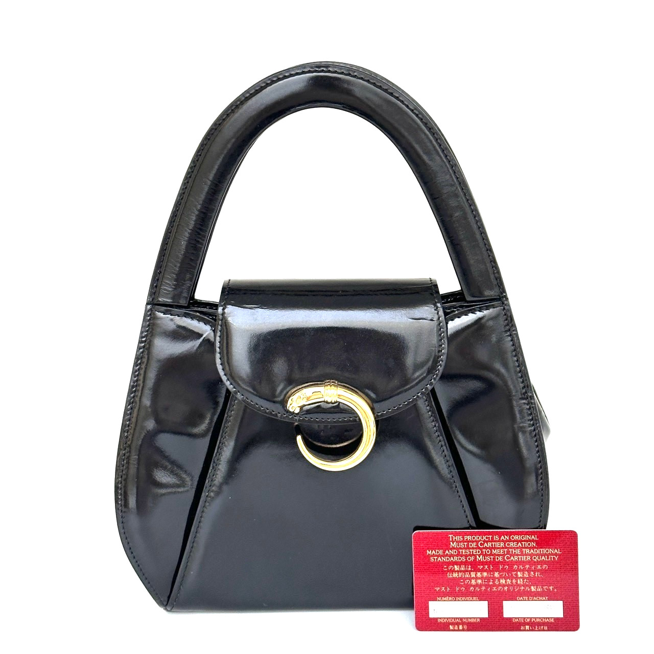 Cartier Panthere Hand Bag Patent Leather Black Gold Buckle Authentic