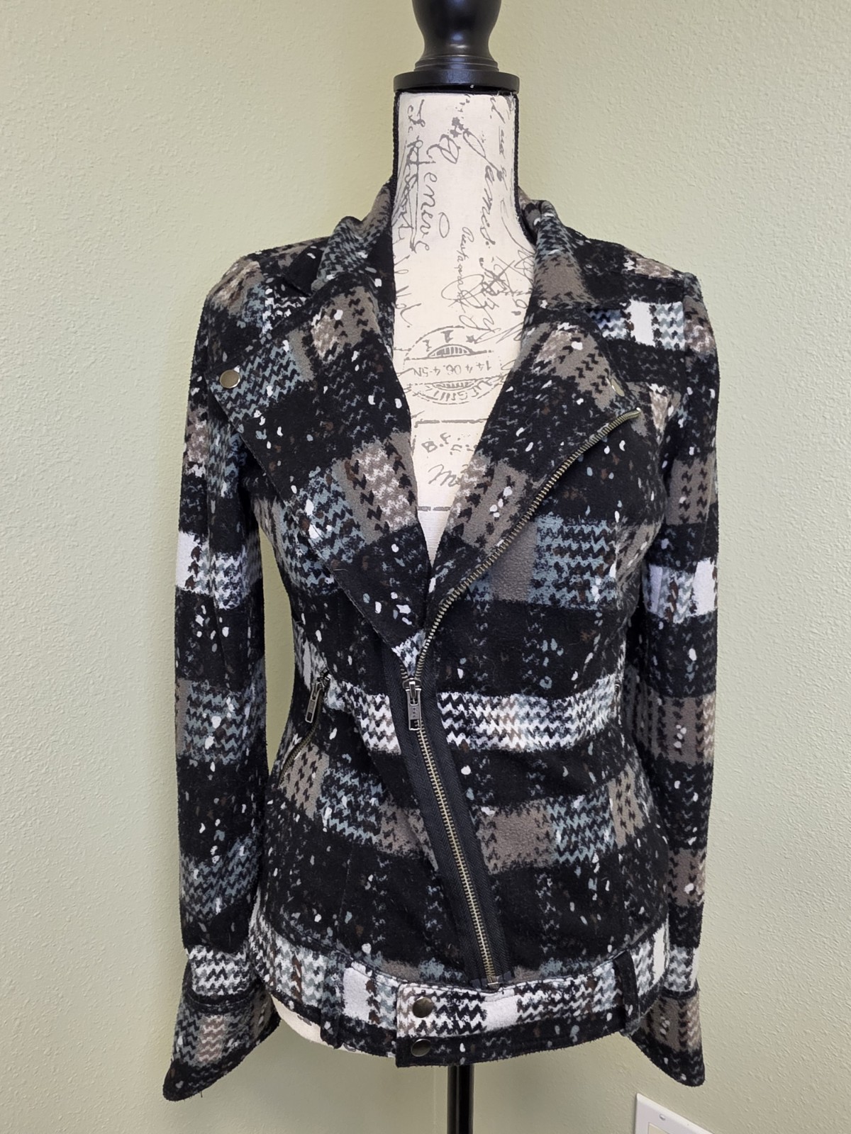 Free People Plaid Splatter Moto Jacket Zip Front Pockets Short Long Sleeve 10