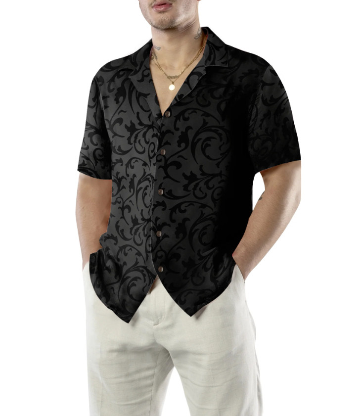 Black And Grey Seamless Floral Goth Style Hawaiian Shirt