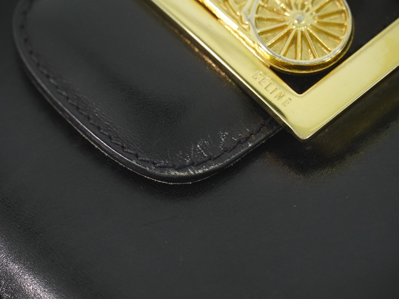CELINE Horse Carriage Hardware Leather Shoulder Bag Black Gold