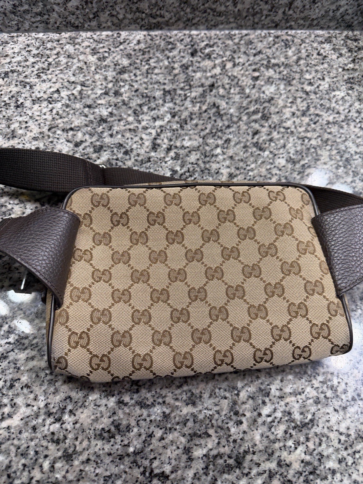 Gucci GG Pattern Beige Brown Crossbody Bag Zip Top Brown Strap Silver Hardware