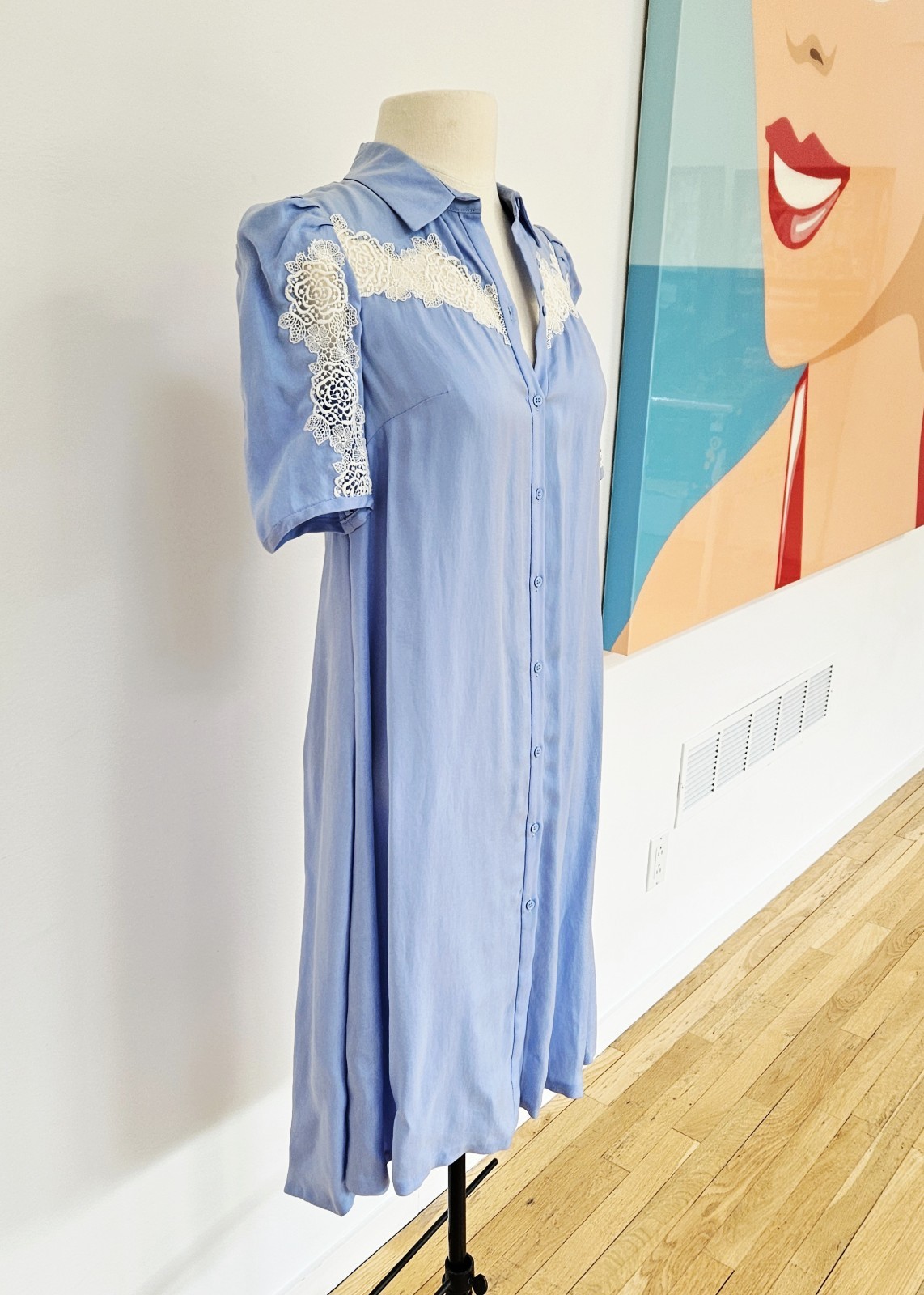 SANDRO PARIS Slade Lace-Inset Button-Down Duster Dress Sky Blue Sz FR 34 XS SM