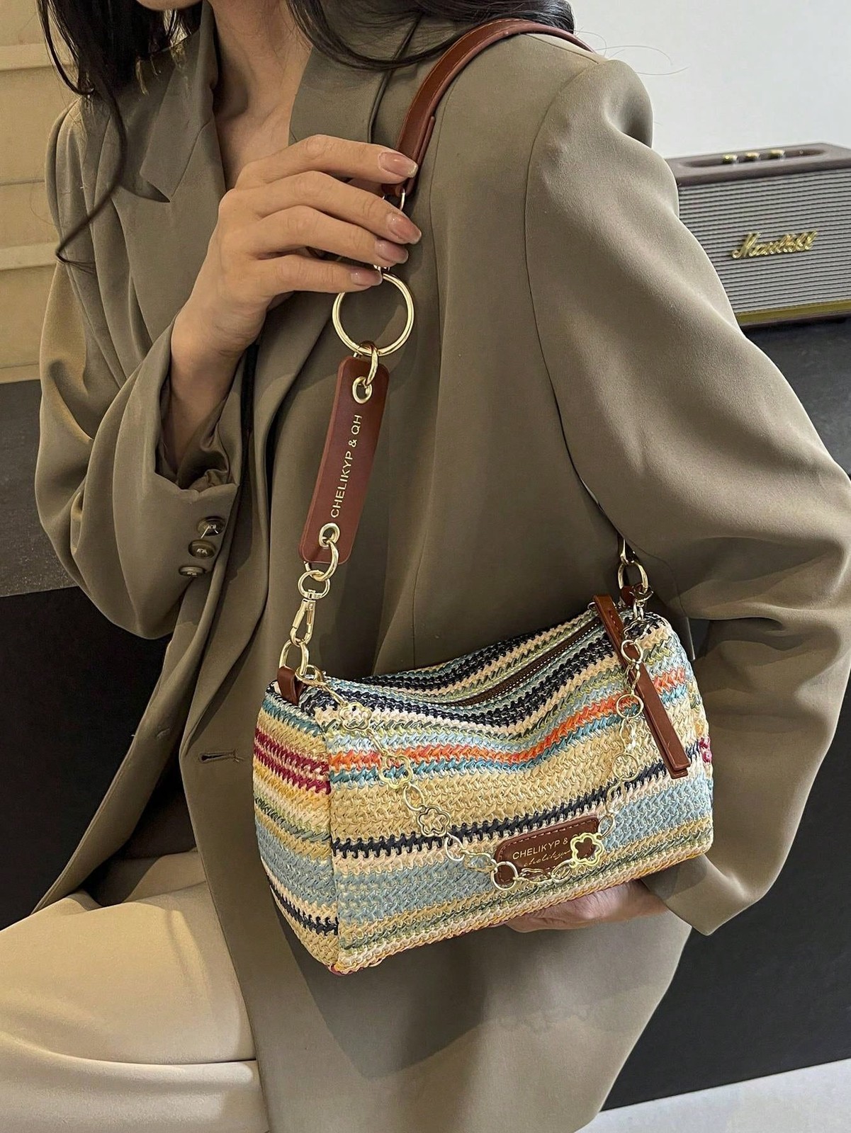 New Spring Summer Contrast Striped Woven Straw Shoulder Bag, Fashion Letter