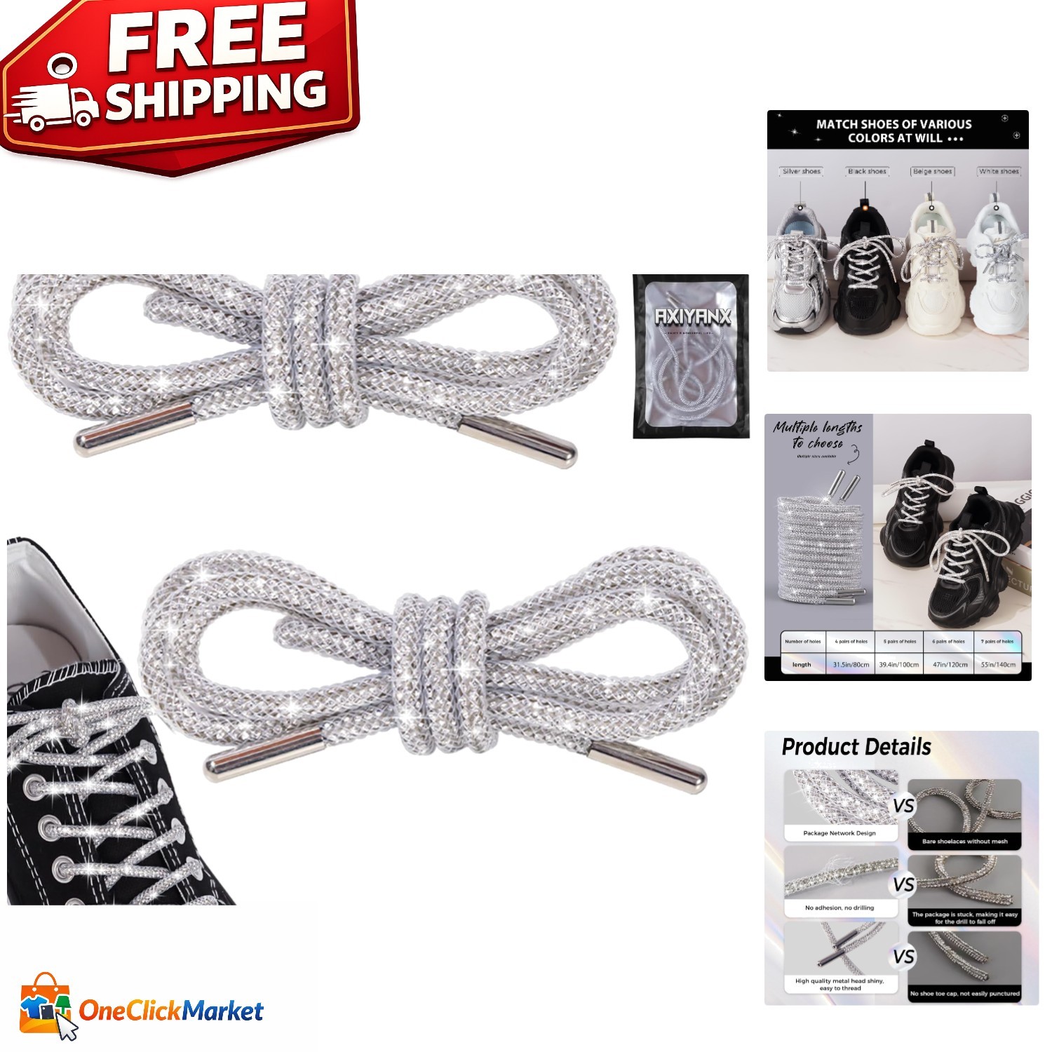 Rhinestone-Embellished 47in Shoelaces (2 Pack) – Perfect for Festivals & Events