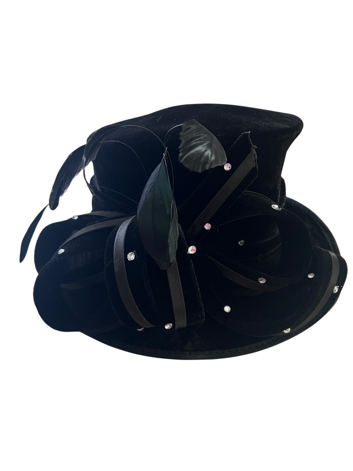 Swan Hat New York Ladies Black Velvet Rhinestone Bow Feathers Costume Regency