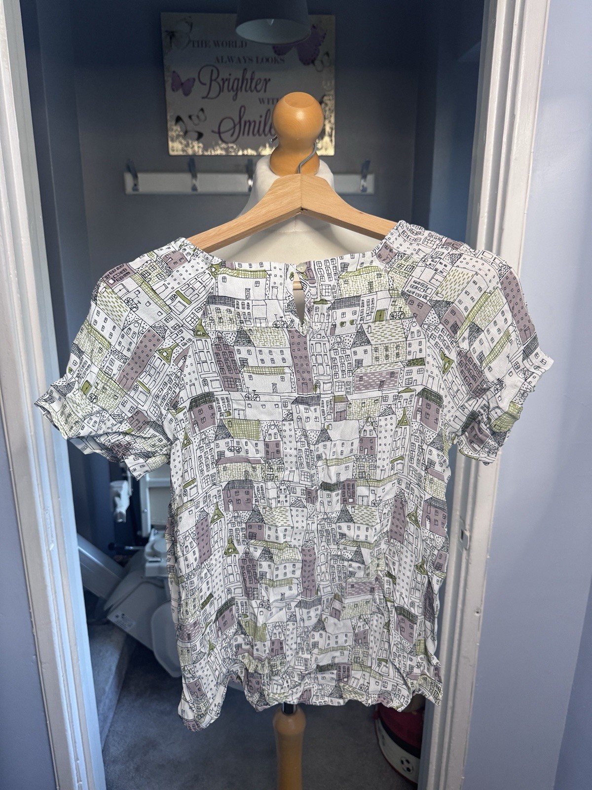 White Stuff Blouse White Multi House Print UK 8 100% Viscose Short Sleeve