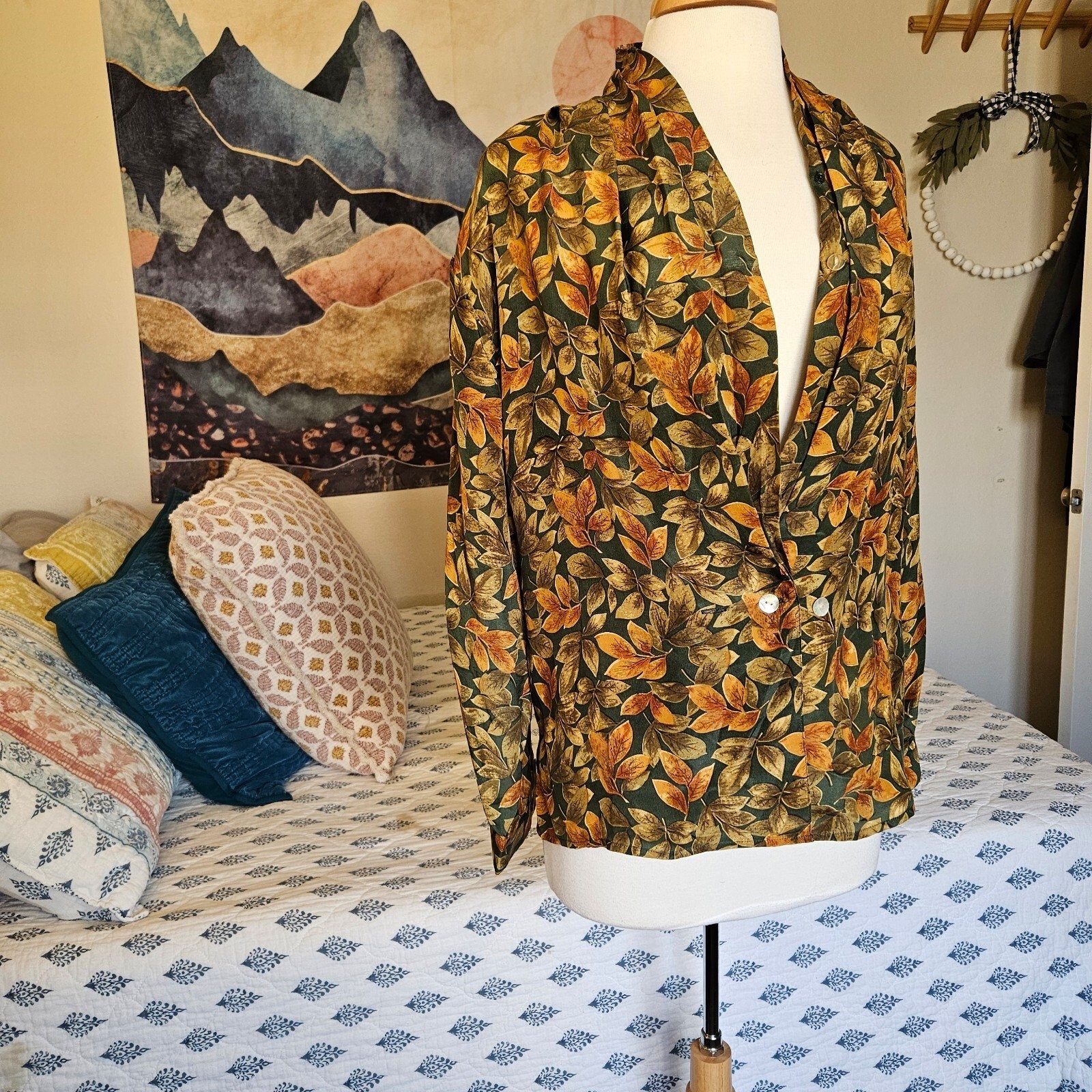 Quo 100% Silk Blazer Jacket Womens Large Boho Floral Leaf Print Lightweight
