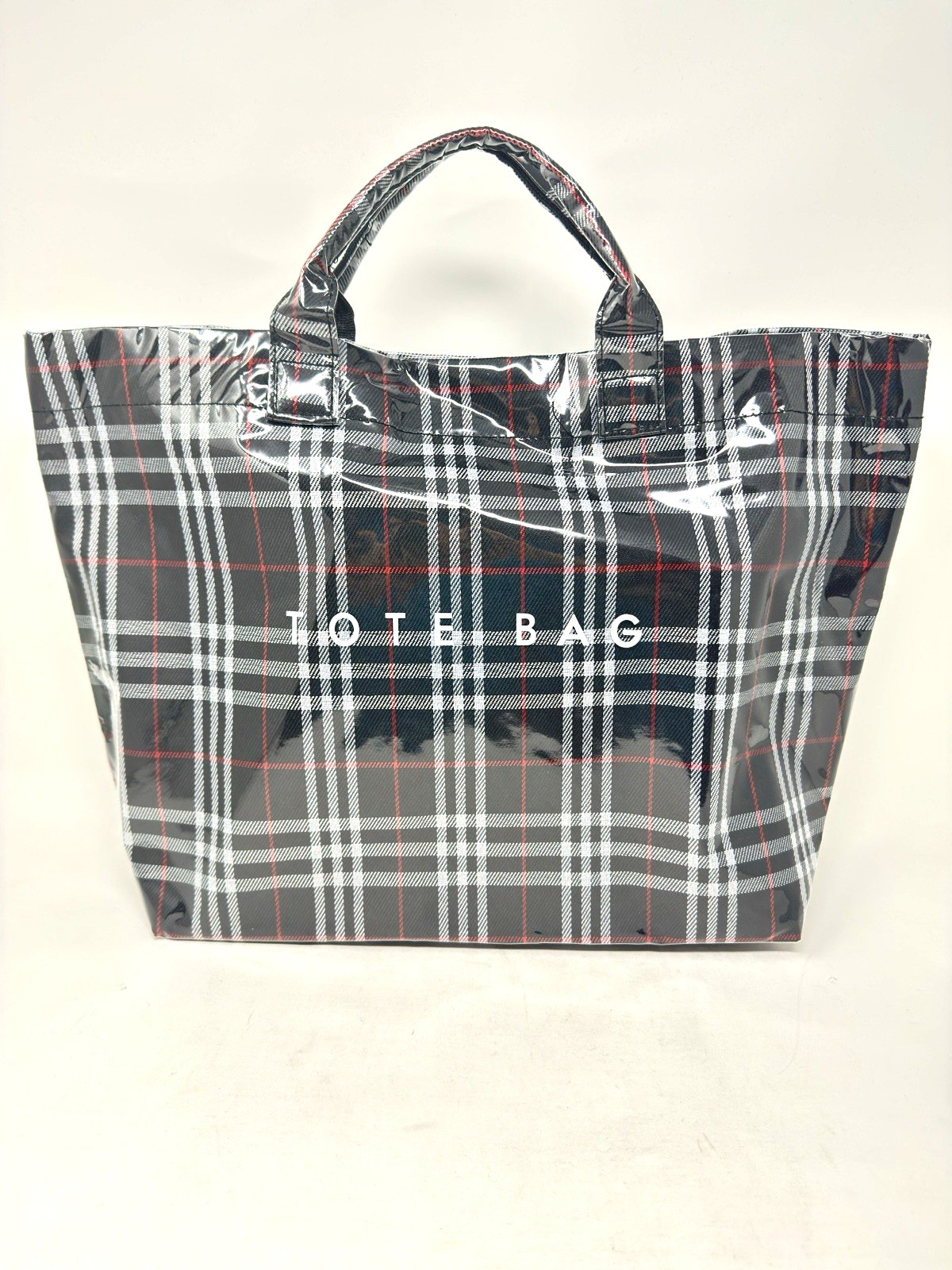 PVC Coated Tote Bag Plaid Black White Red 13.5in x 11.5in