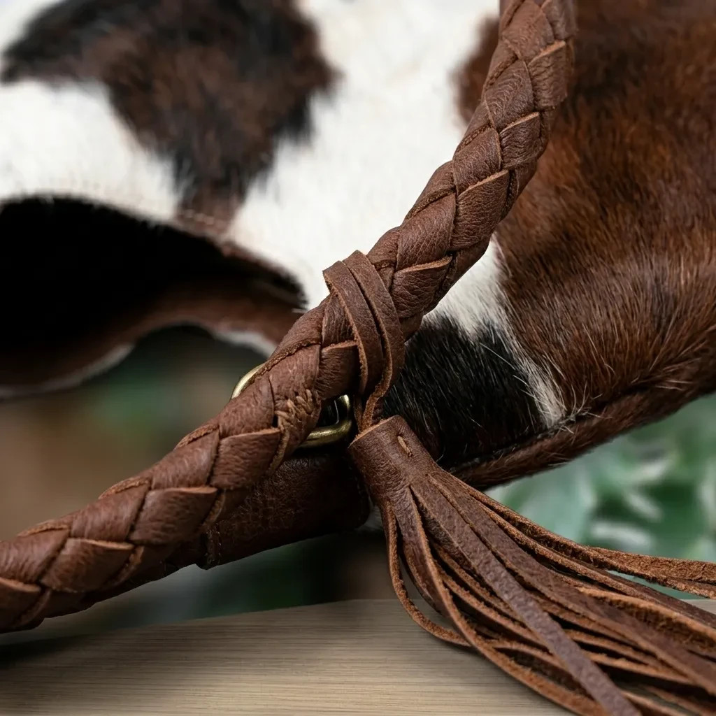 Cowhide Leather Hobo Bag Brown White Cow Print Western Fringe Shoulder Purse