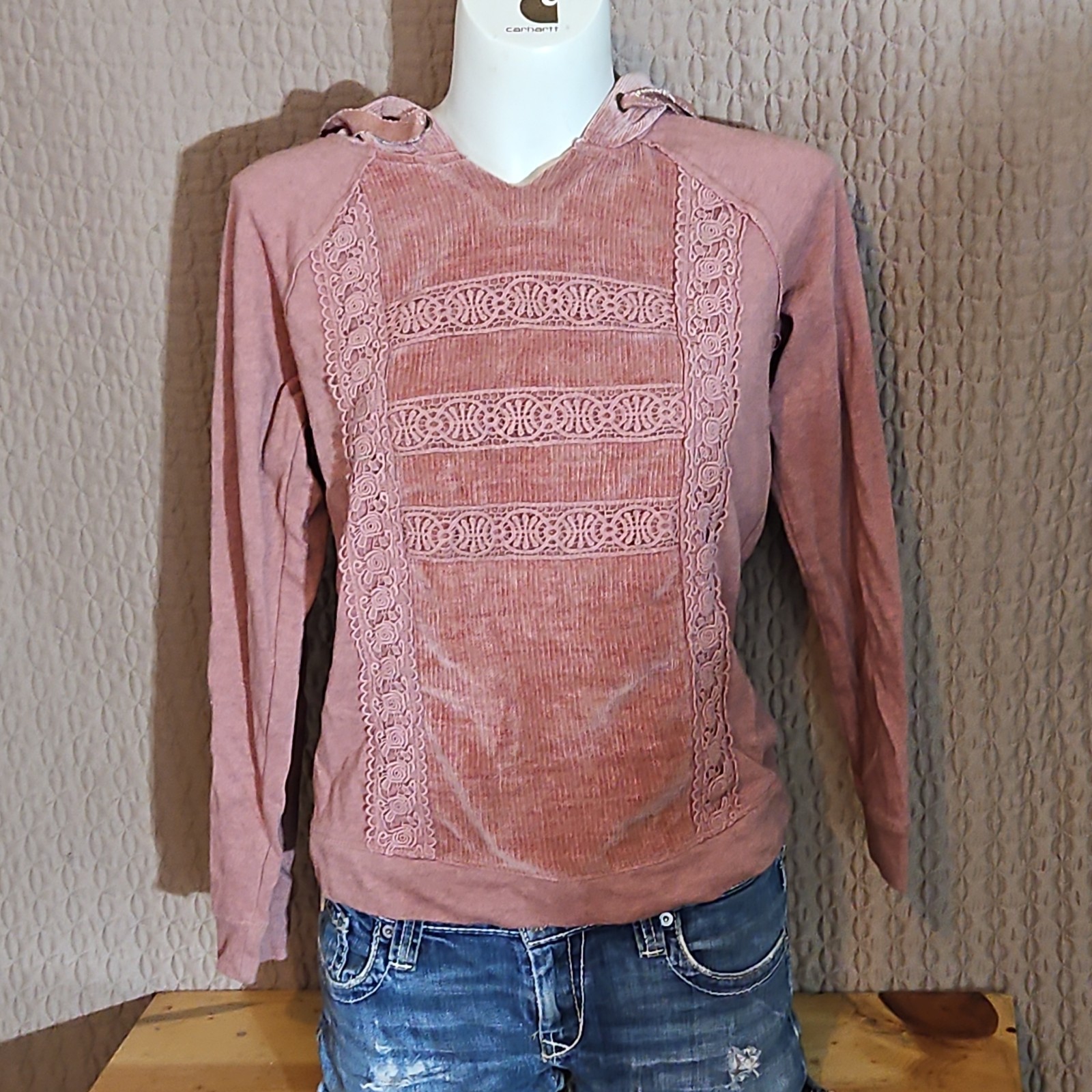 Tremont Co Women’s M Pink Solid Pullover Hoodie Hooded Lace Accent Long Sleeve