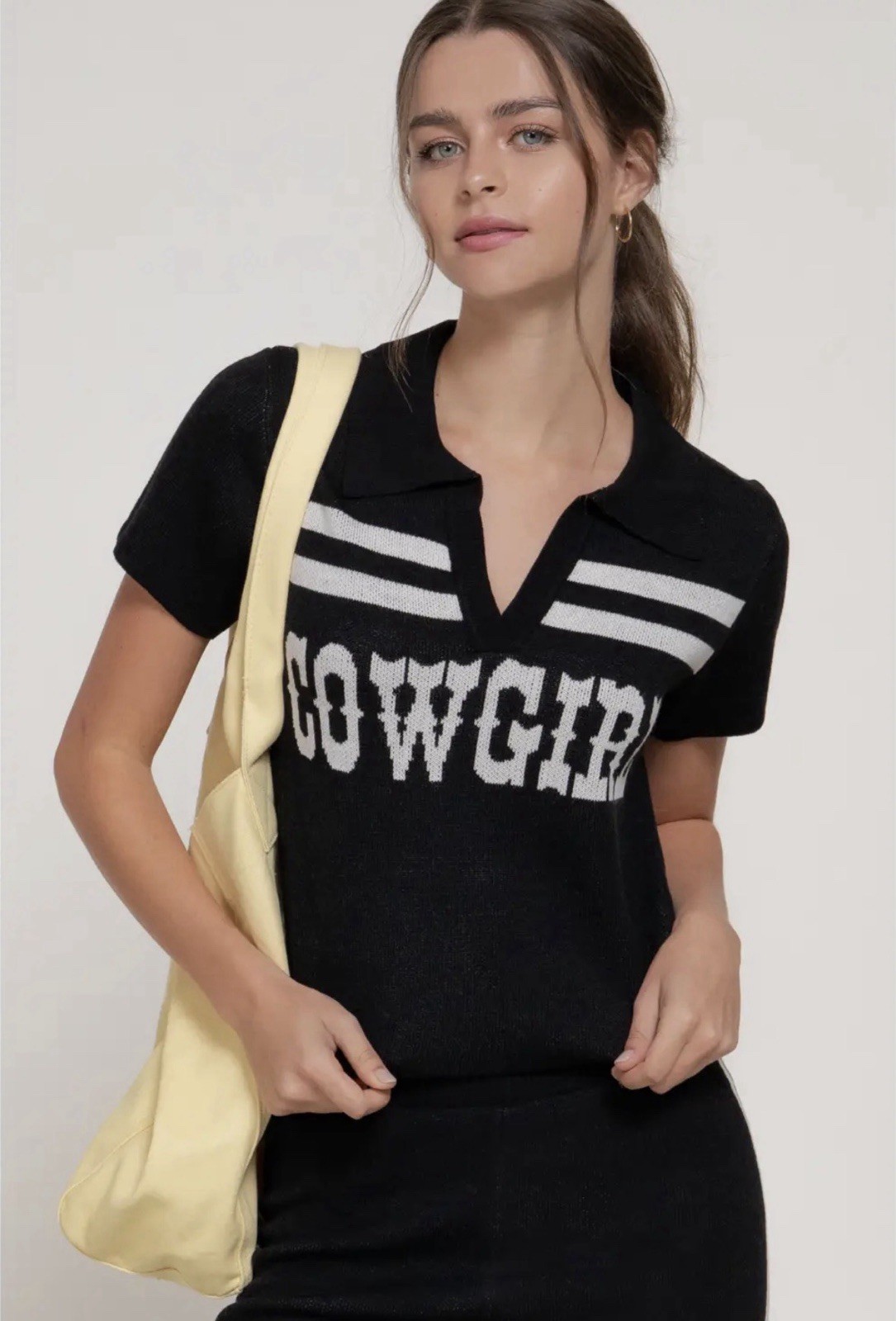 Active Black White Knit V Neck Cowgirl Collared Western Country Cropped Shirt