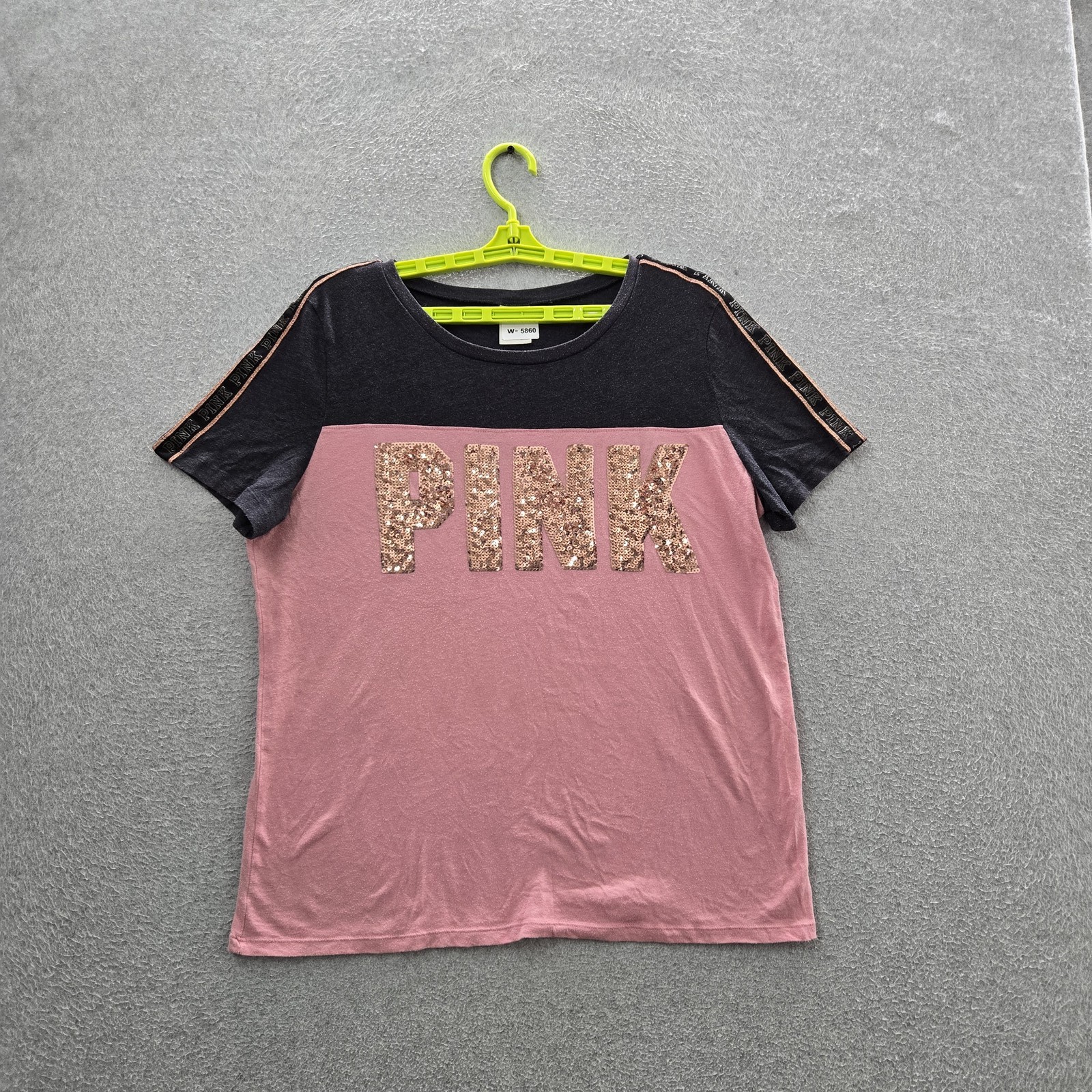 PINK Victoria’s Secret Women Shirt L Pink Colorblock Sequin Bling Crew Neck