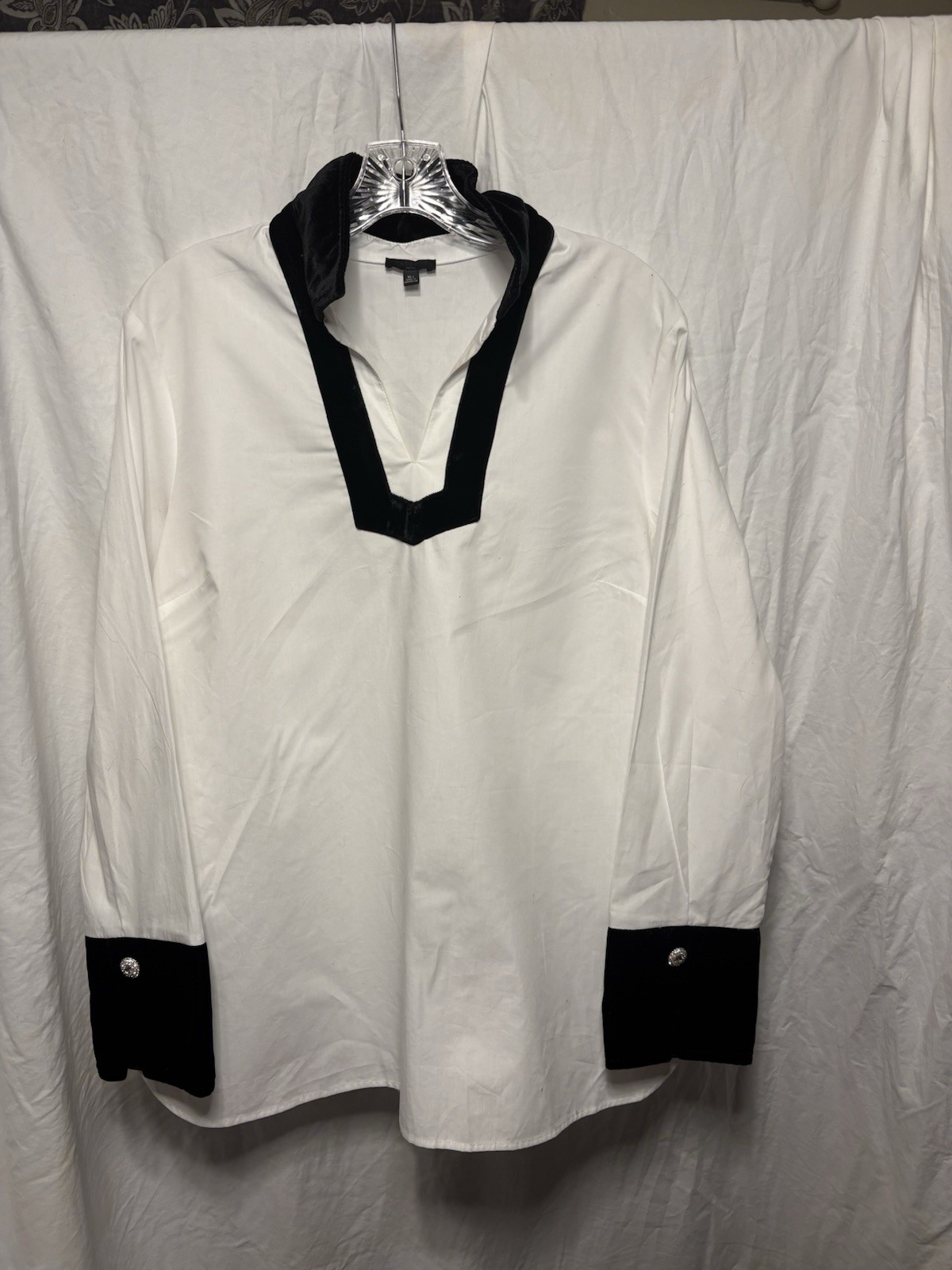 Talbots Women’s Petite XL White/Black Solid Collared Long Sleeve Cotton Top