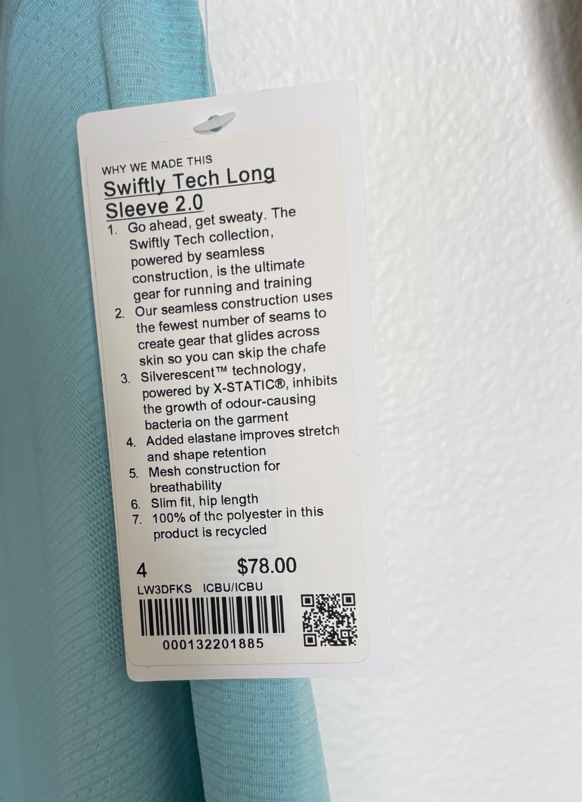 NWT sz4 Lululemon Swiftly Tech 2.0 Long Sleeve Icing Blue light blue