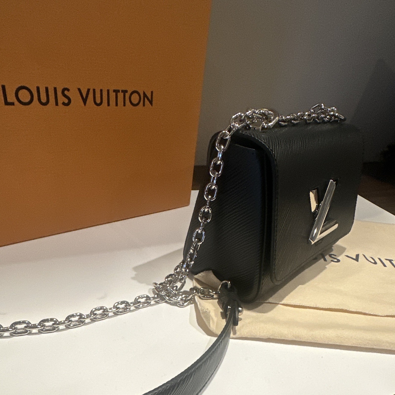 Louis Vuitton Black LV Logo Crossbody Bag Chain Strap Dust Bag Box