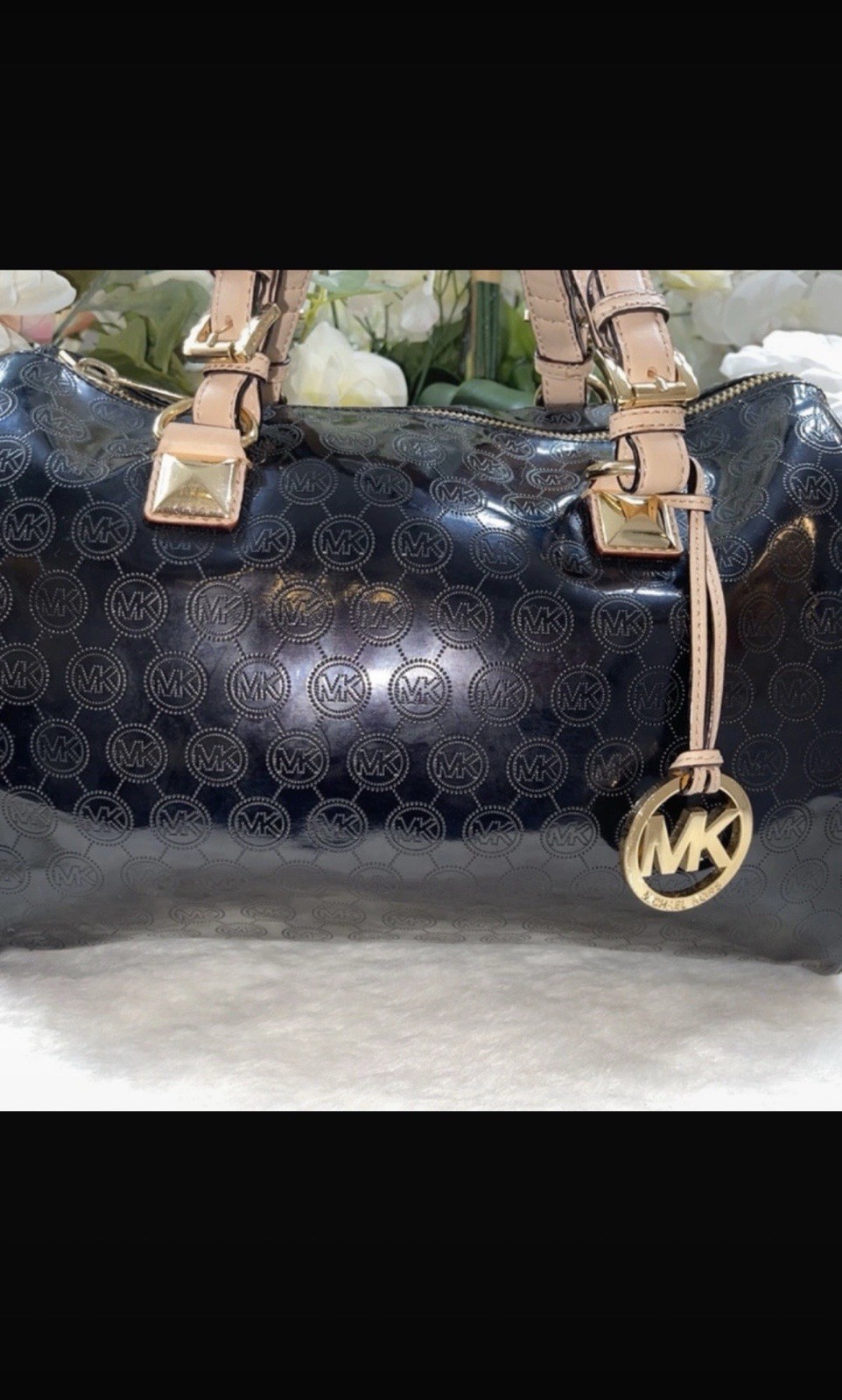 Michael Kors Black Beige Logo Satchel Zip Gold Hardware Charm Bottom Studs