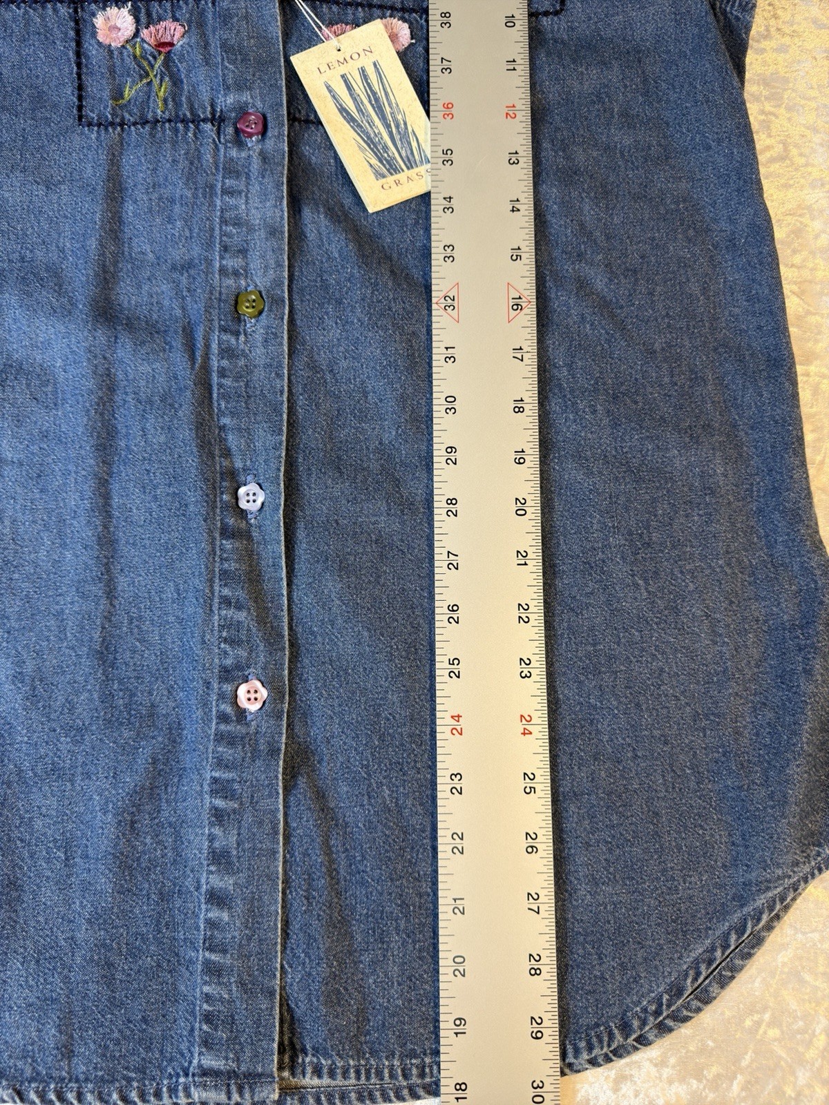 Lemon Grass Embroidered Denim Button Front Shirt Floral Cottagecore NWT