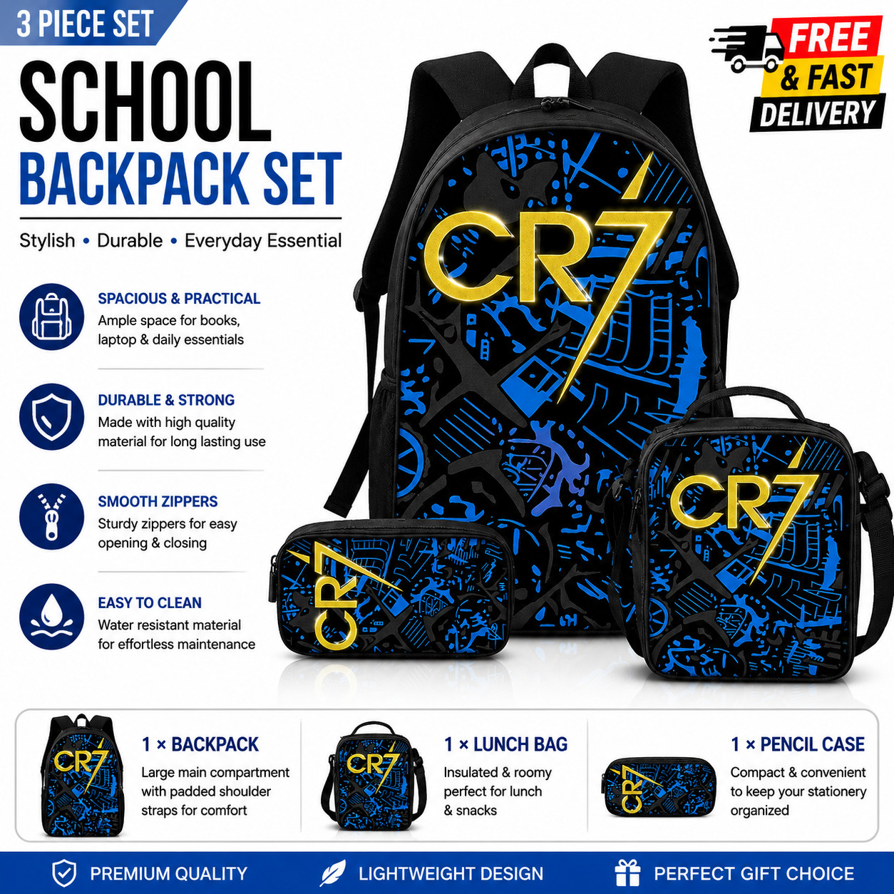 New 3pcs Cr7 Backpacks Simple Style Lightweight Boys Girls School Bags Capacity