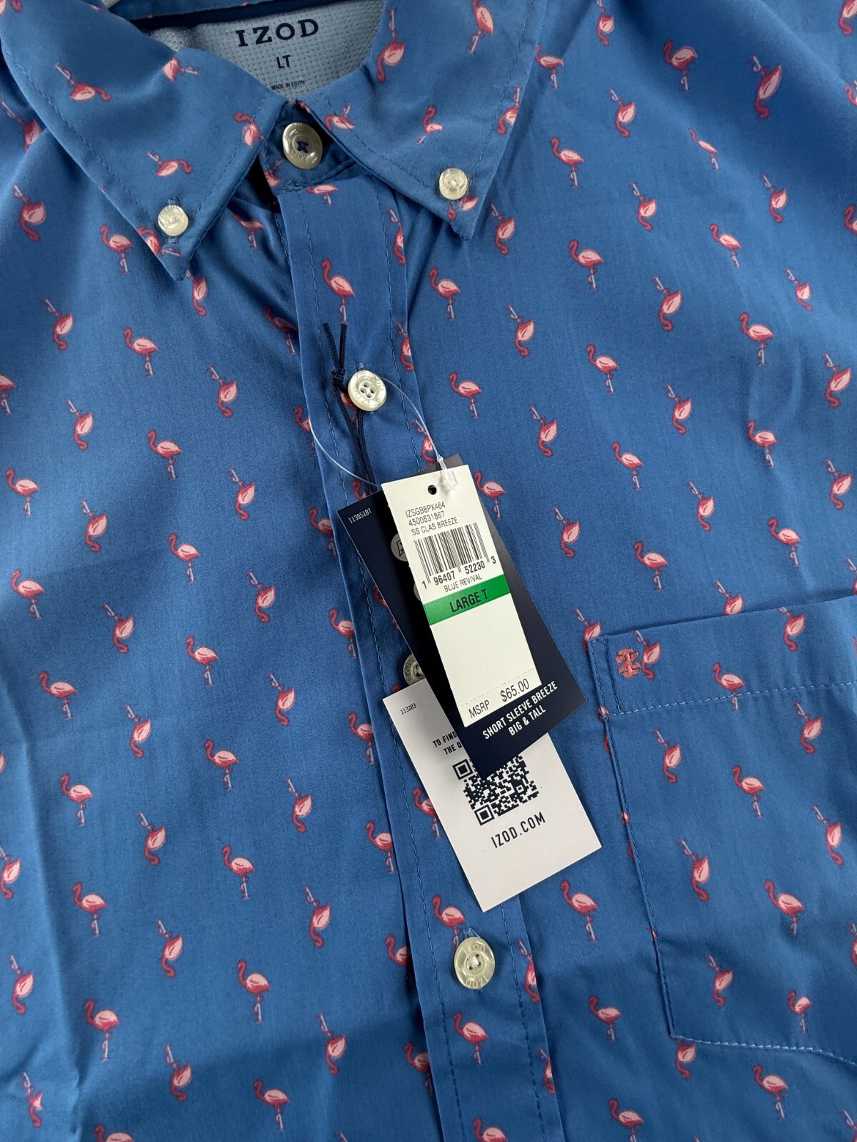 NWT IZOD LT Large Flamingo Print Tall Blue Performance Button Up Beach $65 Men