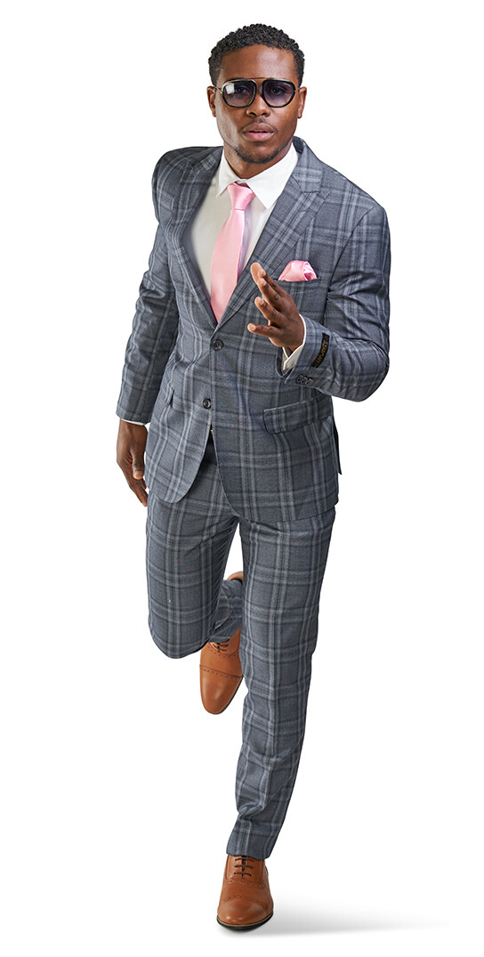 Slim Fit 2 Button Slate Gray Windowpane Plaid Mens Suit Peak Lapel 35071 AZARMAN