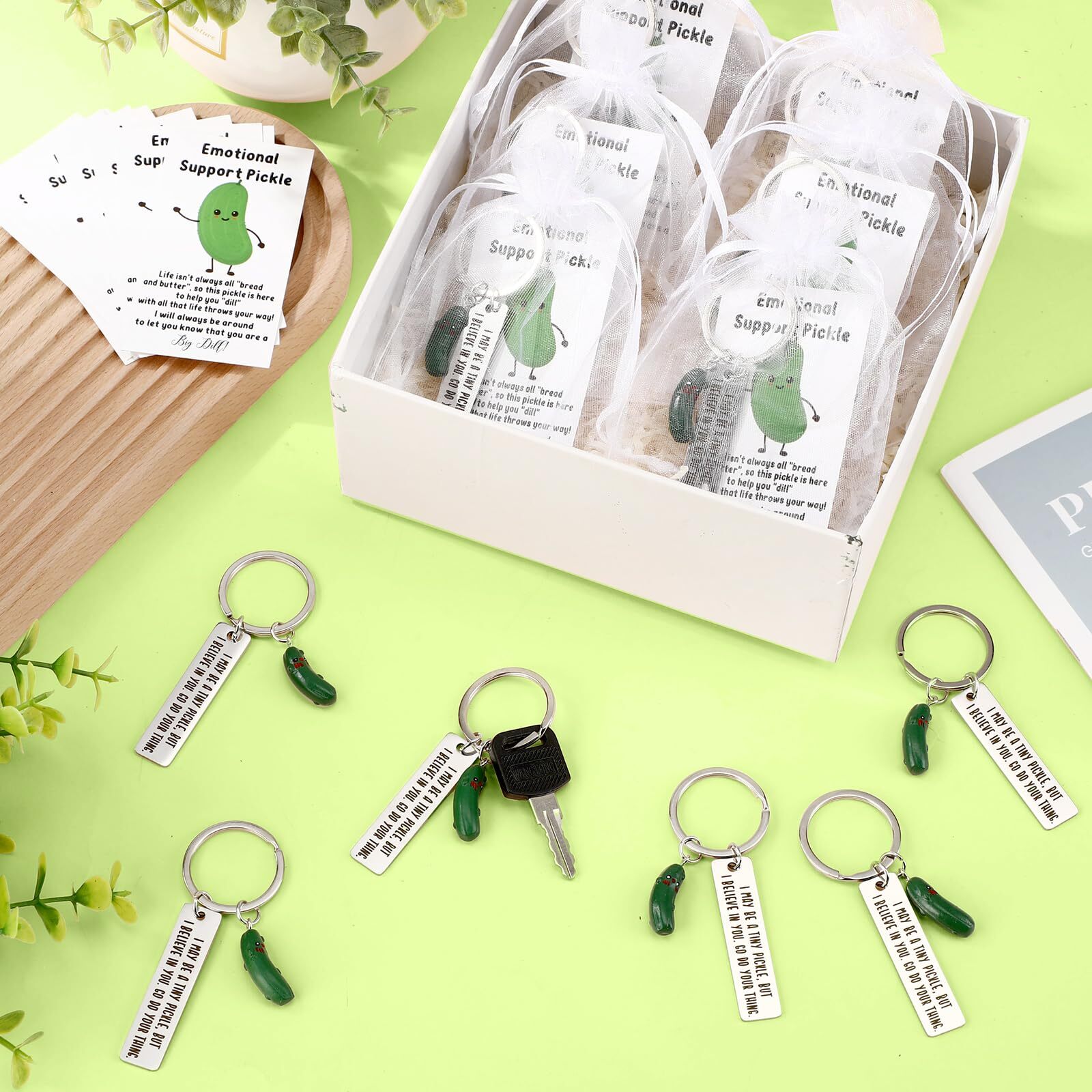 20 Sets Christmas Positive Pickles Gifts Resin Keychains with Card Bag Emotio…