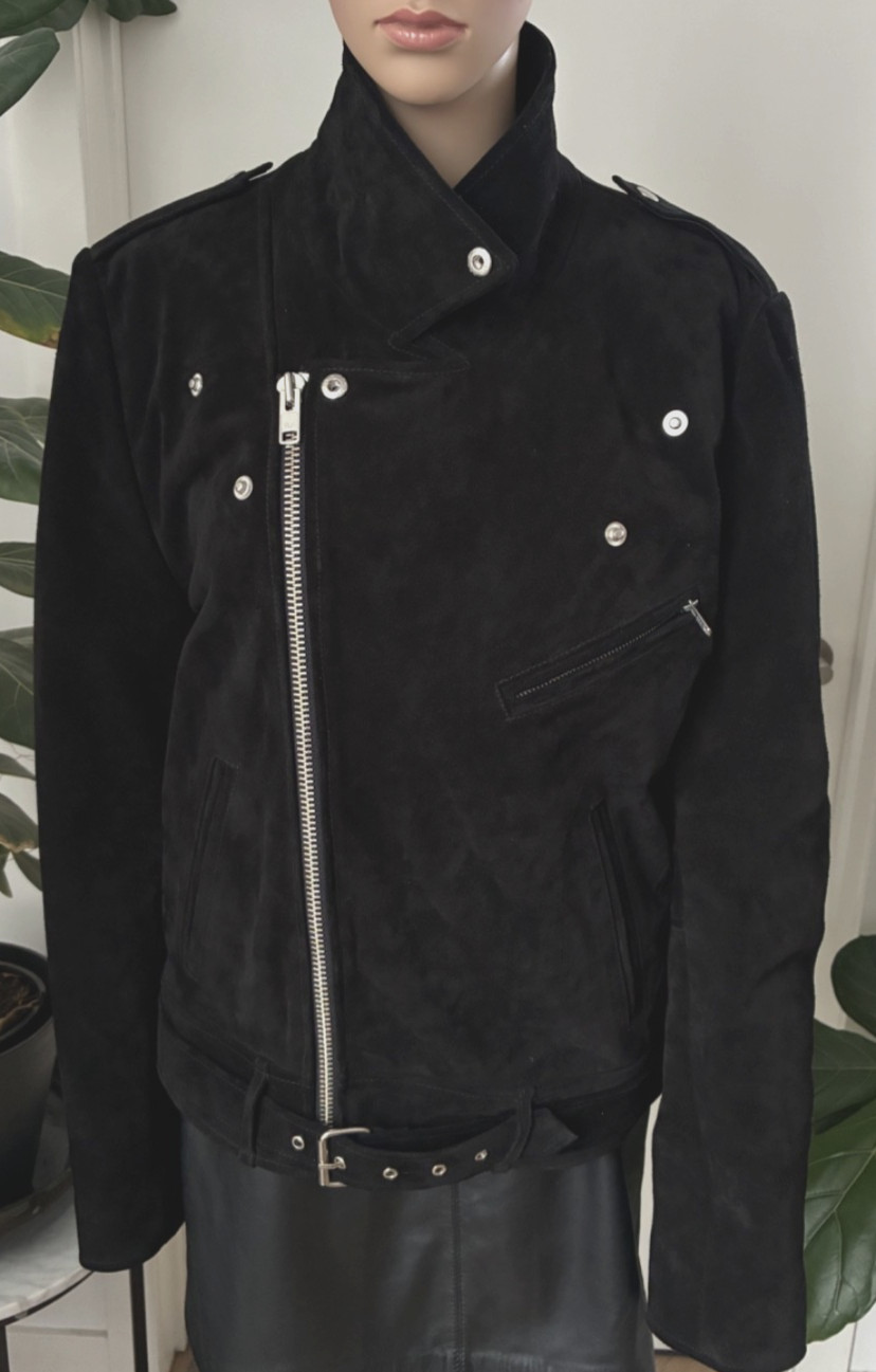 Rolla’s Black Suede Leather Moto Biker Jacket Size L Belted YKK Zip Lined