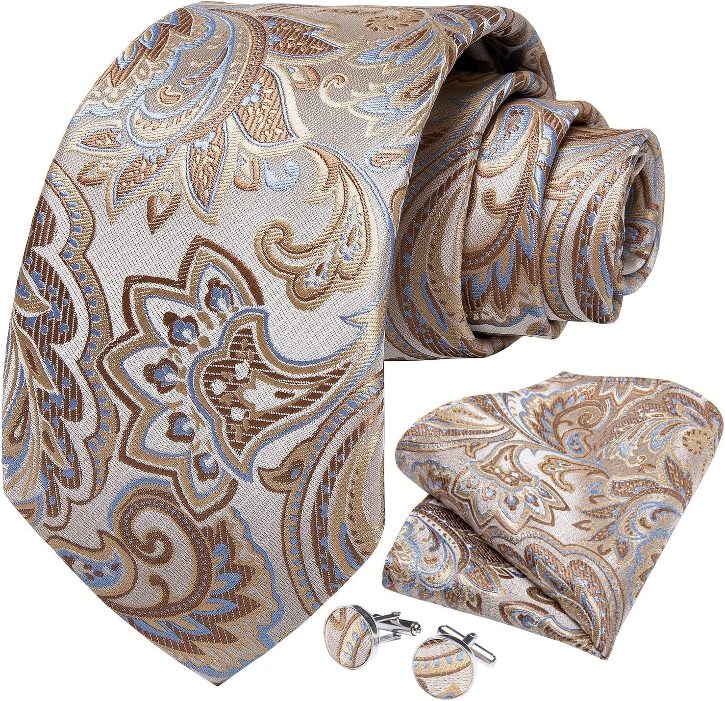 DiBanGu Mens Tie Set Silk Solid Paisley Necktie and Pocket Square Cufflinks C…