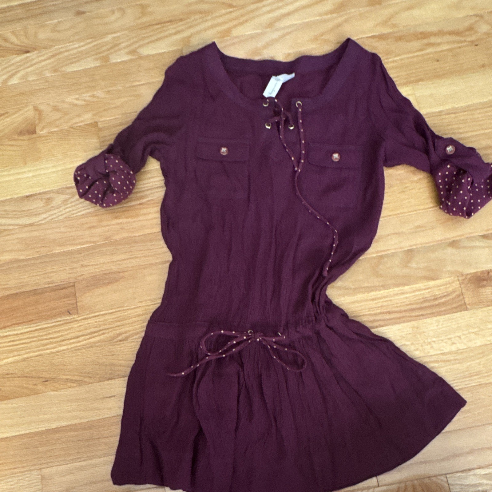 Forever 21 Purple Shirt/Tunic Tie Waist 3/4 Sleeve Button Grommet Short XS