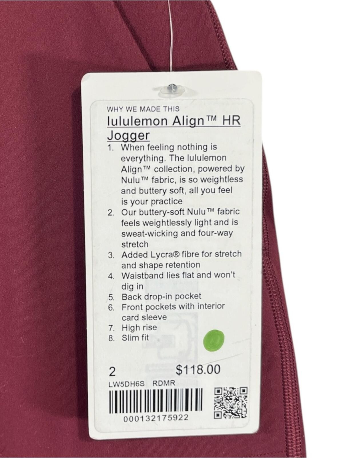 NWT Lululemon Align Jogger 28″ Women’s size 2 in Red Merlot