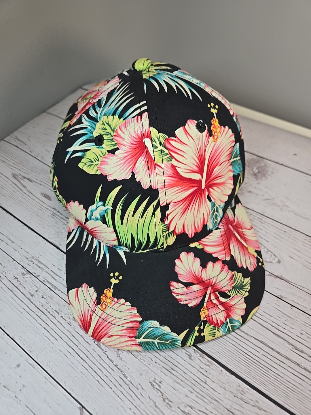 Floral Tropical Vacation Theme Black Hat Flowers Adjust Adult Size Baseball Hat