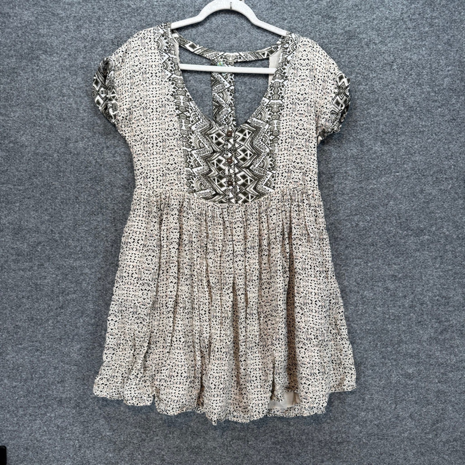 Free People Mini Dress Womens Small Beige Geometric Boho Festival Pockets