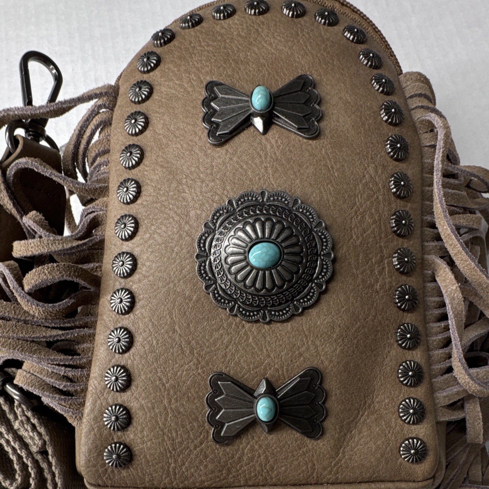 Montana West Khaki Western Fringe Studded Crossbody Bag Zip Detachable Strap