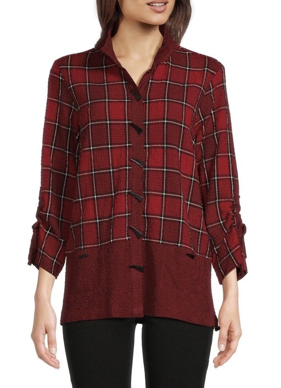 Ali Miles Tunic Top Small Plaid Wire Collar 3/4 Cinched Oversized Red Lagenlook