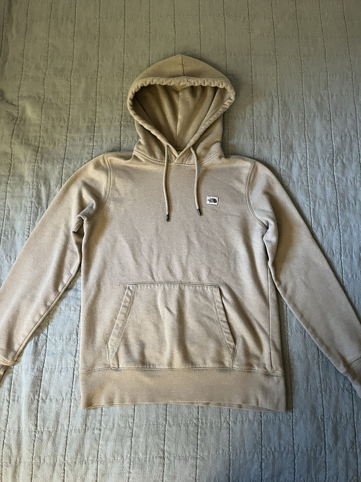 The North Face Beige Fleece Pullover Hoodie, Logo Drawstring, Pockets, Size S
