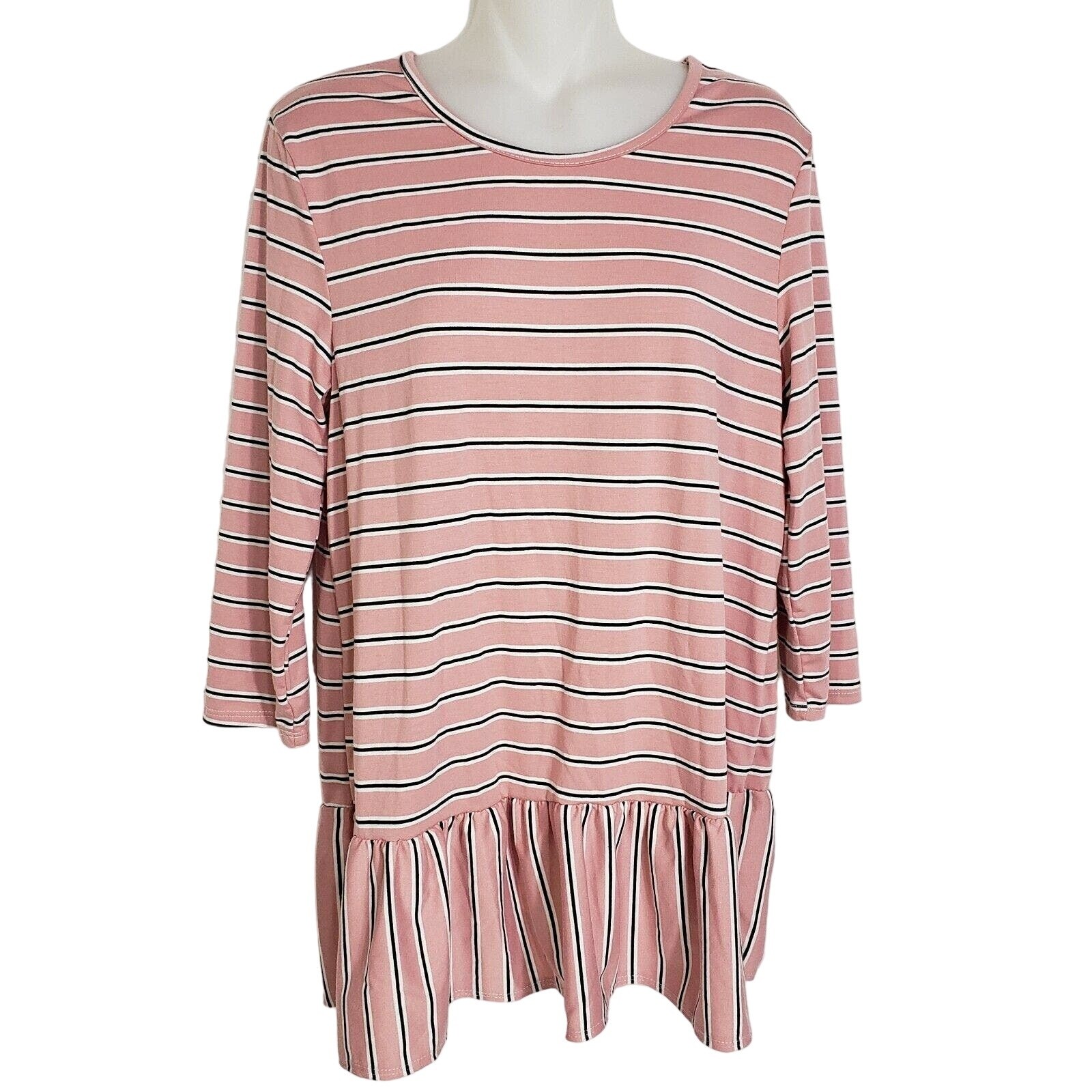 Lime N Chili Womens Top Large Tunic Peplum 3/4 Sleeve Striped Pink Stretch Crew